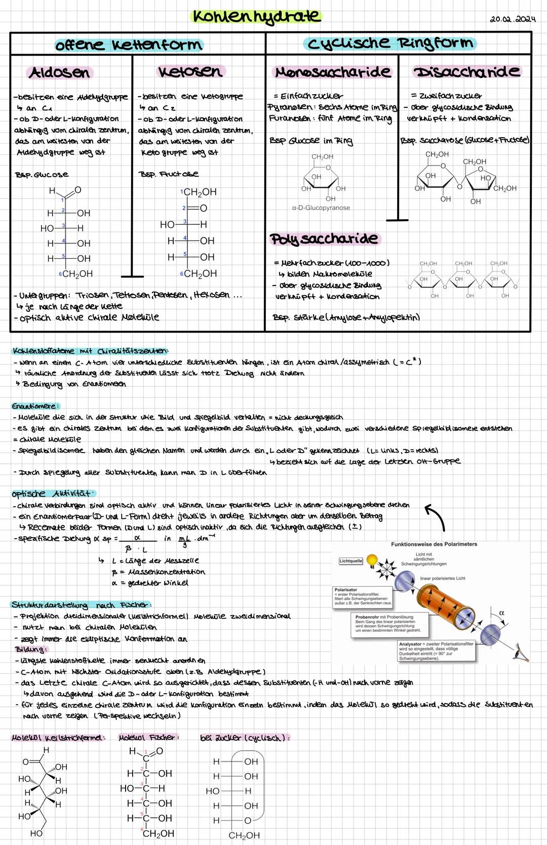 Kohlenhydrate
Cyclische Ringform
Ketosen
Monosaccharide
Disaccharide
offene kettenform
Aldosen
-besitzen eine Aldehydgruppe -besitzen eine k
