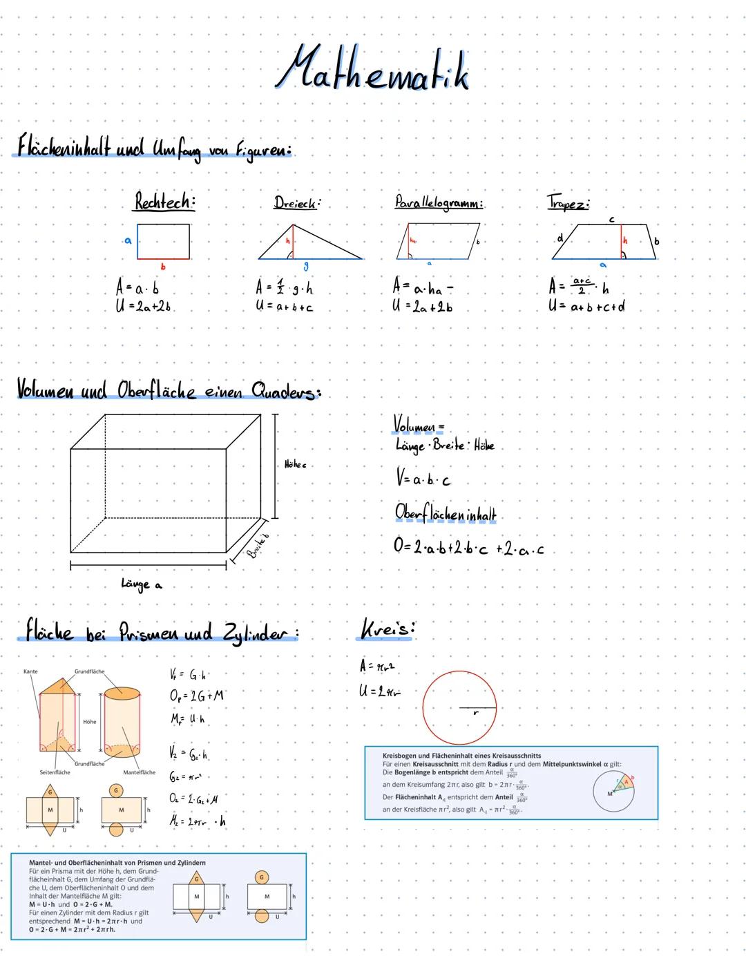 Mathematik
Flächeninhalt und Umfang von Figuren:
Rechtech:
Dreieck
Parallelogramm:
Trapez:
.a
d.
g
b
A = a.b
A = 1·9.h
U =2a+2b.
u = a+b+c
A