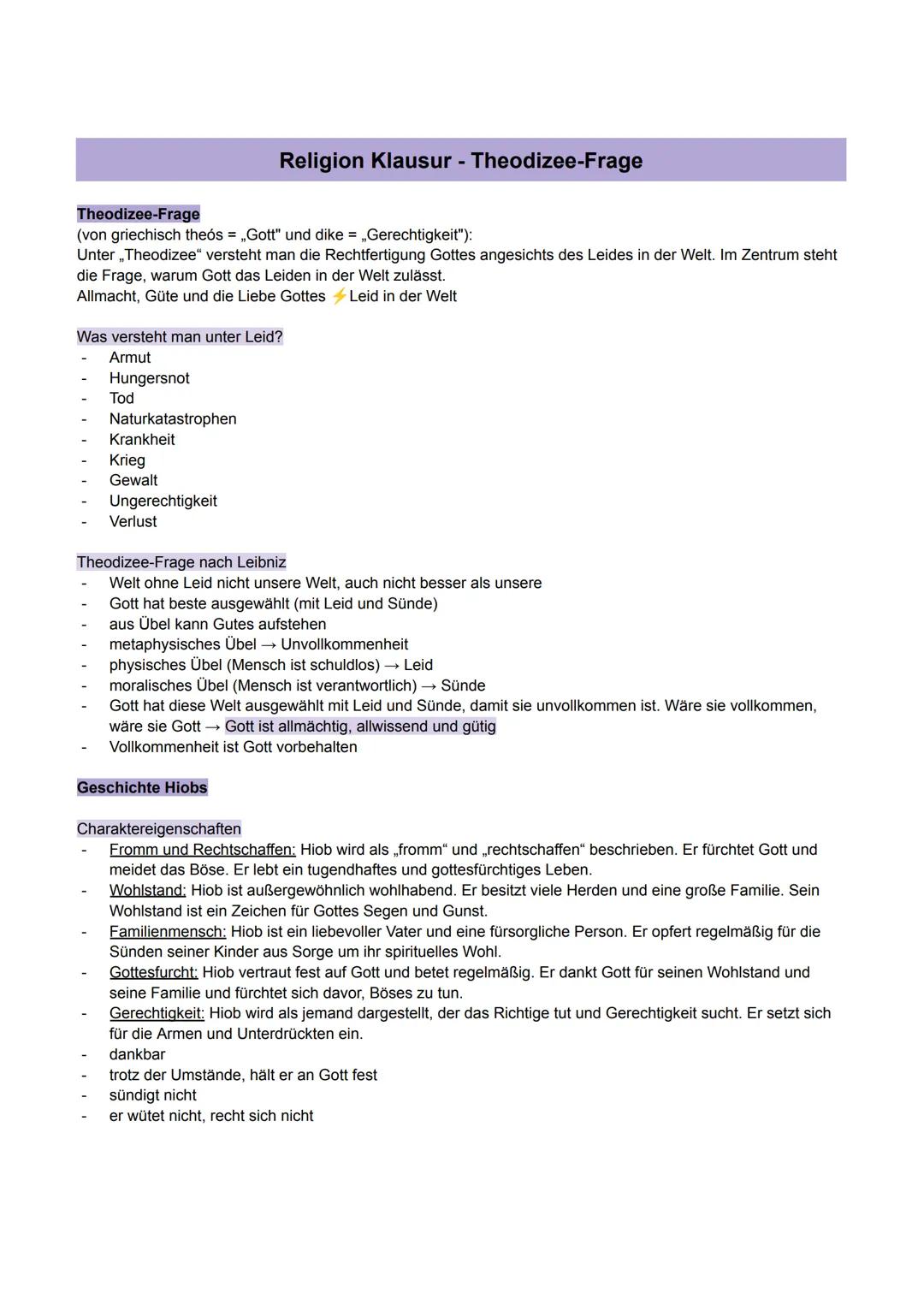 # Religion Klausur - Theodizee-Frage
## Theodizee-Frage
(von griechisch theós = „Gott" und dike = „Gerechtigkeit"):
Unter „Theodizee" verst