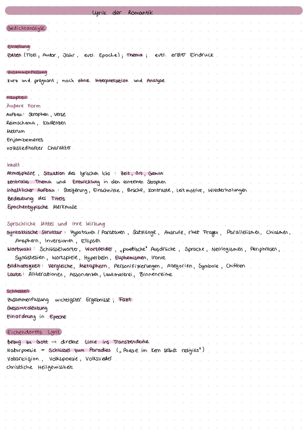 Gedichtanalyse
Lyrik der Romantik
Einleitung.
Daten (Titel, Autor., Jahr,
Zusammenfassung.
evtl. Epoche); Thema i evtl. erster Eindruck
· ku