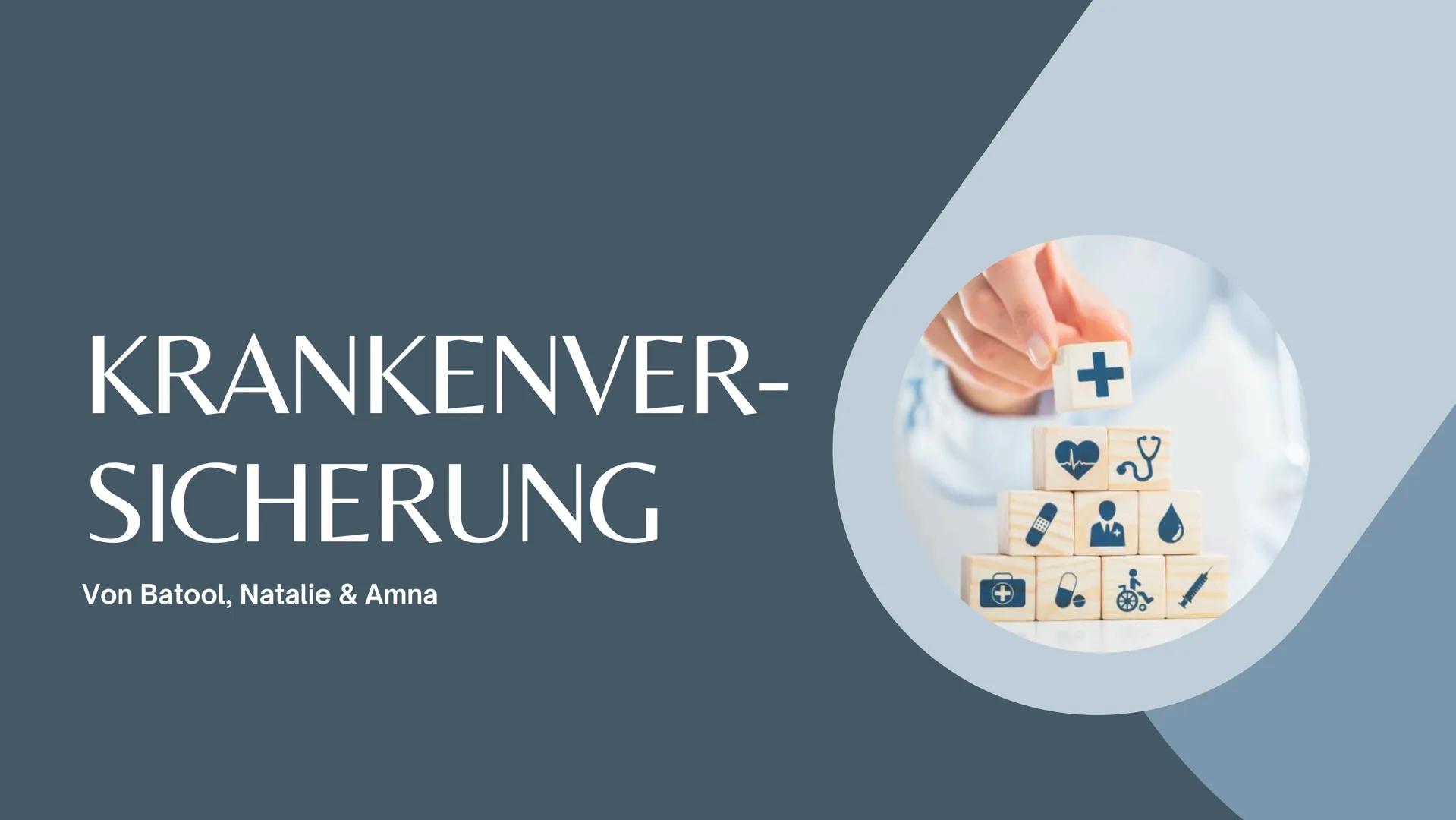 KRANKENVER-
SICHERUNG
Von Batool, Natalie & Amna
+
~
1+ Inhalt
• Definition
• Funktion
• Arten der Krankenversicherung
• Beitragsbemessungsg