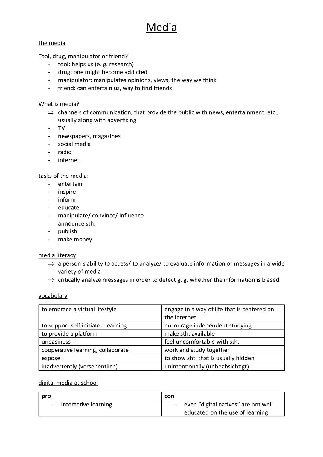 Zusammenfassung zum Thema Media (Englisch, Klasse 11)