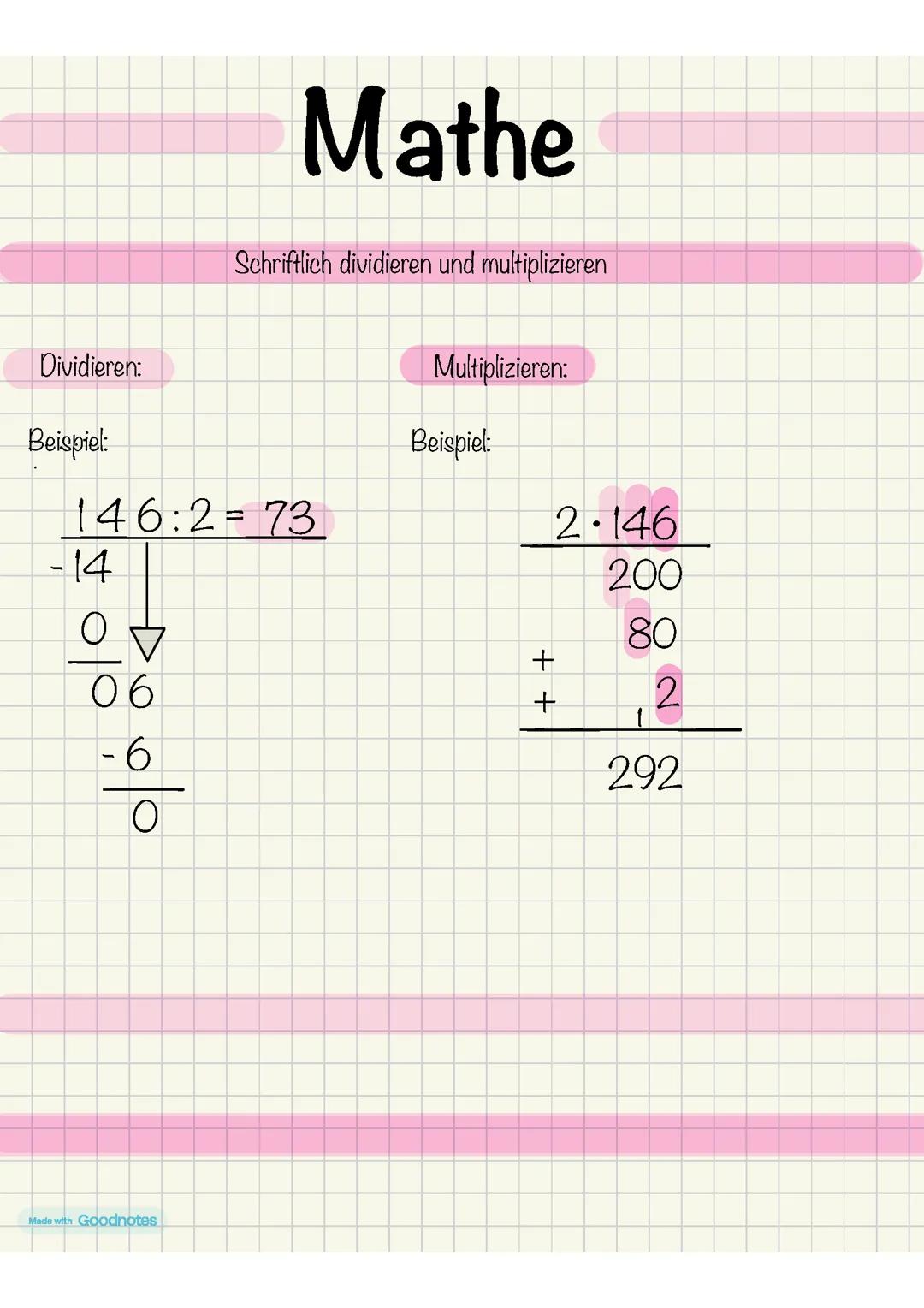 Mathe schriftliches Dividieren und Multiplizieren
