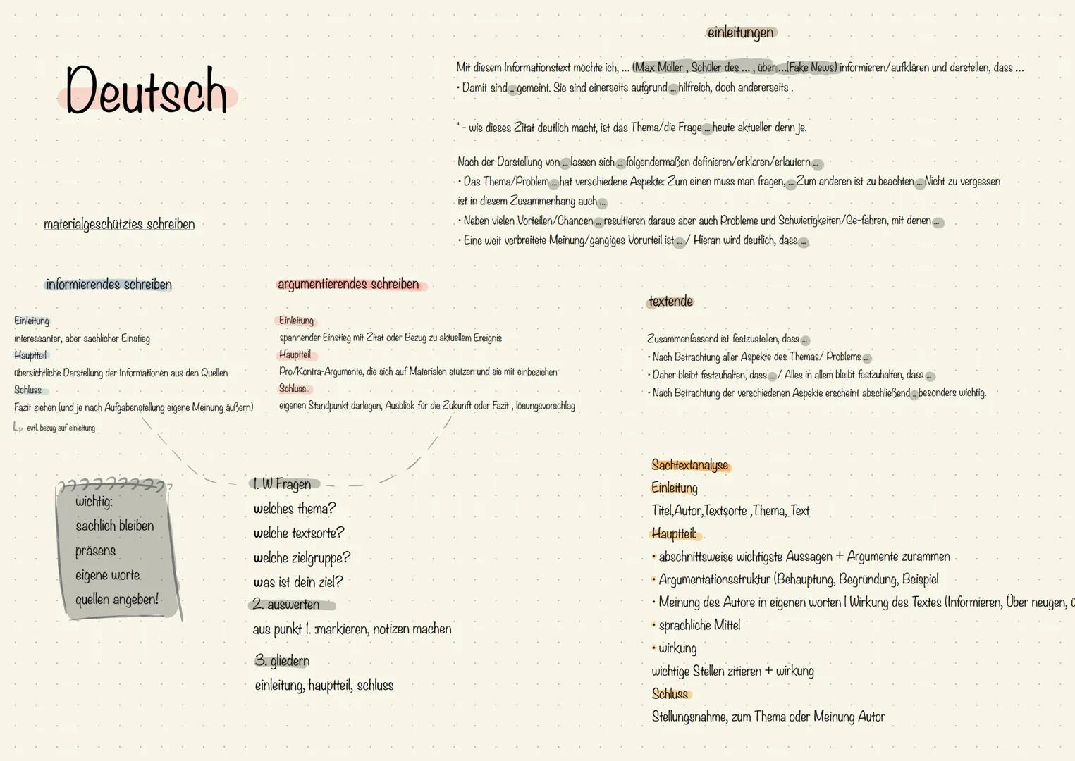 Deutsch
materialgeschütztes schreiben
informierendes schreiben
Einleitung
interessanter, aber sachlicher Einstieg
Hauptteil
übersichtliche