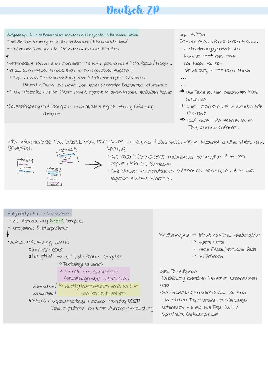 Deutsch ZP
Aufgabentyp 2 -> verfassen eines zusammenhängenden informativen Textes
->mithilfe einer Sammlung Materialien (kontinuirliche/disk