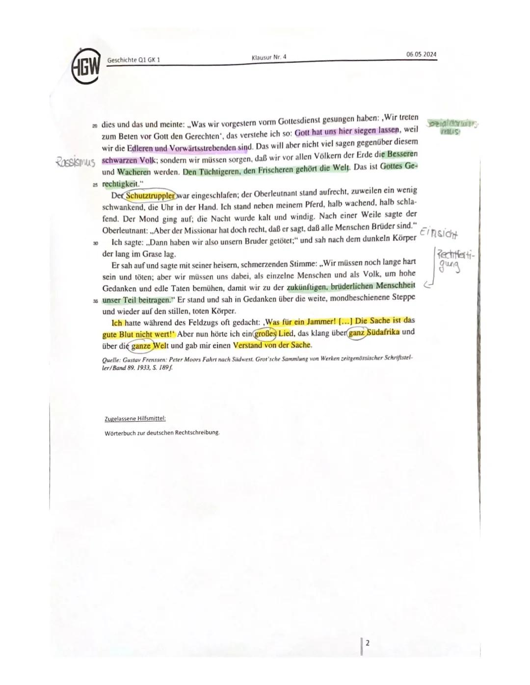 06.05.2024
HGW
Klausur Nr. 4
Geschichte Q1 GK 1
Aufgabenstellung
Interpretiere die vorliegende Quelle, indem du...
1. sie analysierst,
V
2.