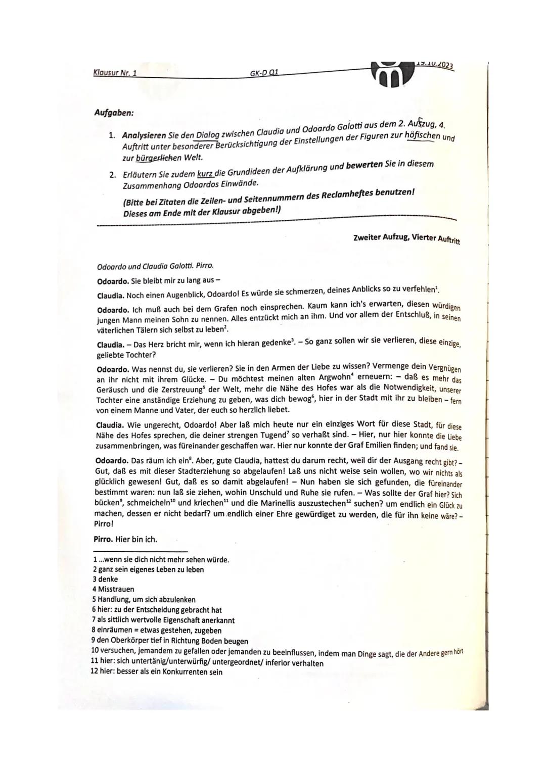 Deutschklausur zu Emilia Galotti
