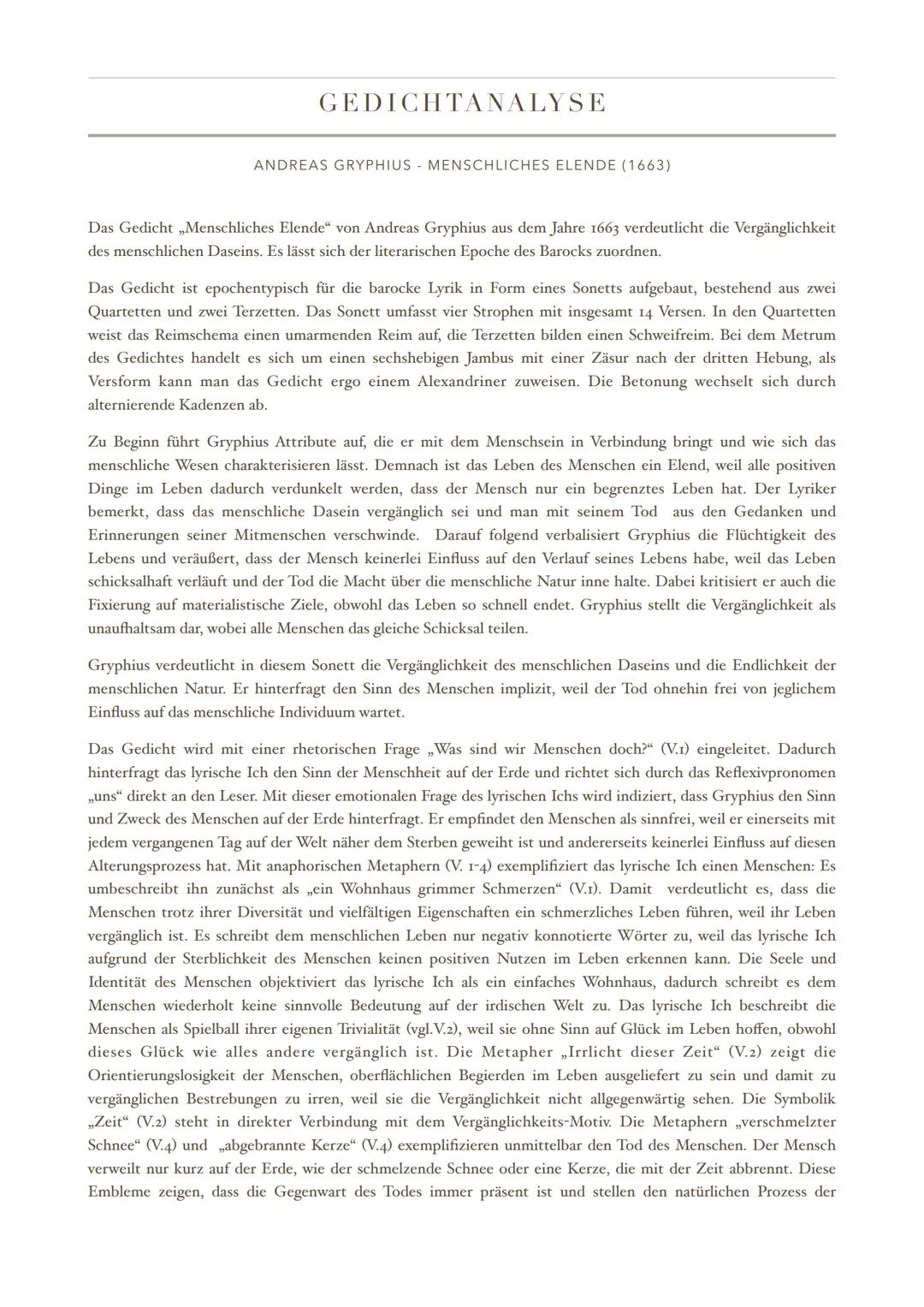 # GEDICHTANALYSE
ANDREAS GRYPHIUS MENSCHLICHES ELENDE (1663)
Das Gedicht „Menschliches Elende" von Andreas Gryphius aus dem Jahre 1663 ver