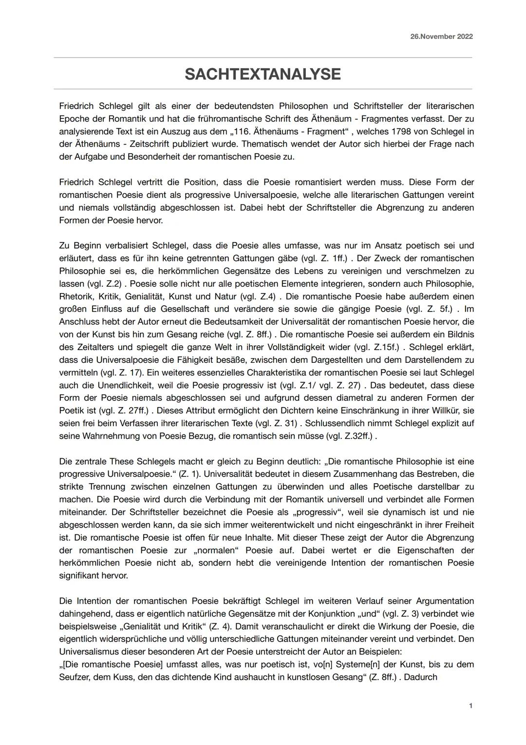 26.November 2022
SACHTEXTANALYSE
Friedrich Schlegel gilt als einer der bedeutendsten Philosophen und Schriftsteller der literarischen
Epoche
