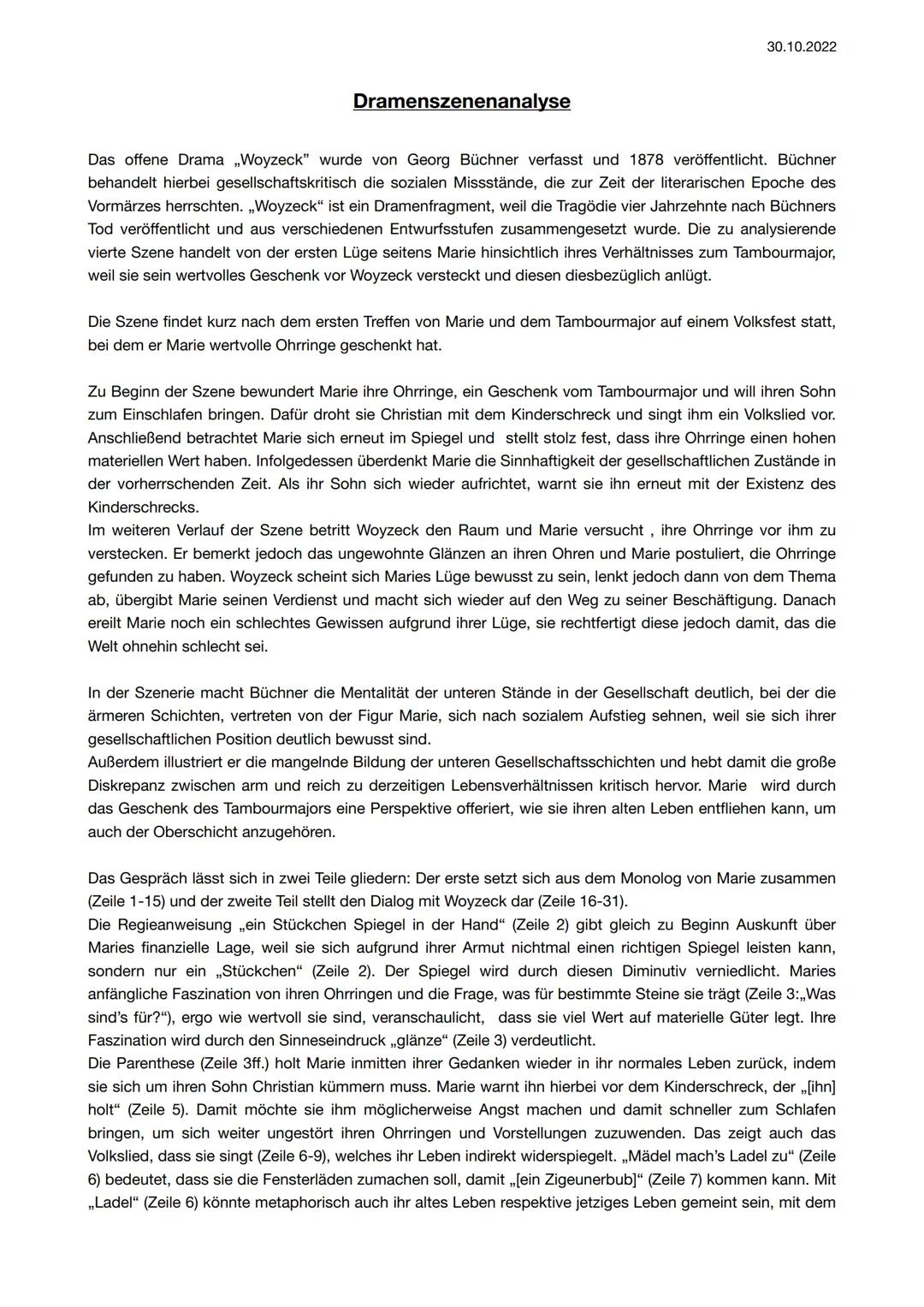 Dramenszenenanalyse
30.10.2022
Das offene Drama „Woyzeck" wurde von Georg Büchner verfasst und 1878 veröffentlicht. Büchner
behandelt hierbe