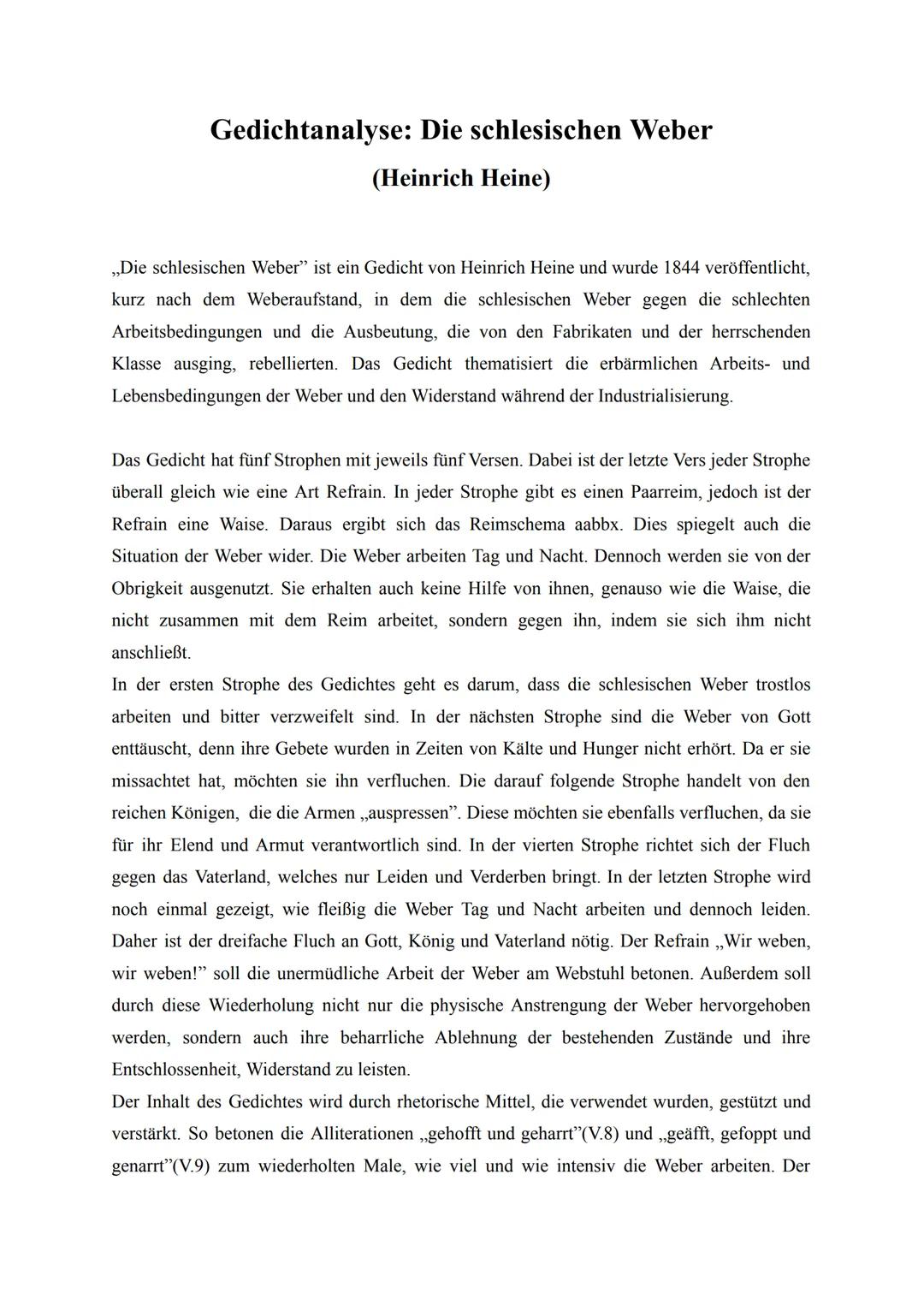 # Gedichtanalyse: Die schlesischen Weber
(Heinrich Heine)
„Die schlesischen Weber" ist ein Gedicht von Heinrich Heine und wurde 1844 veröff
