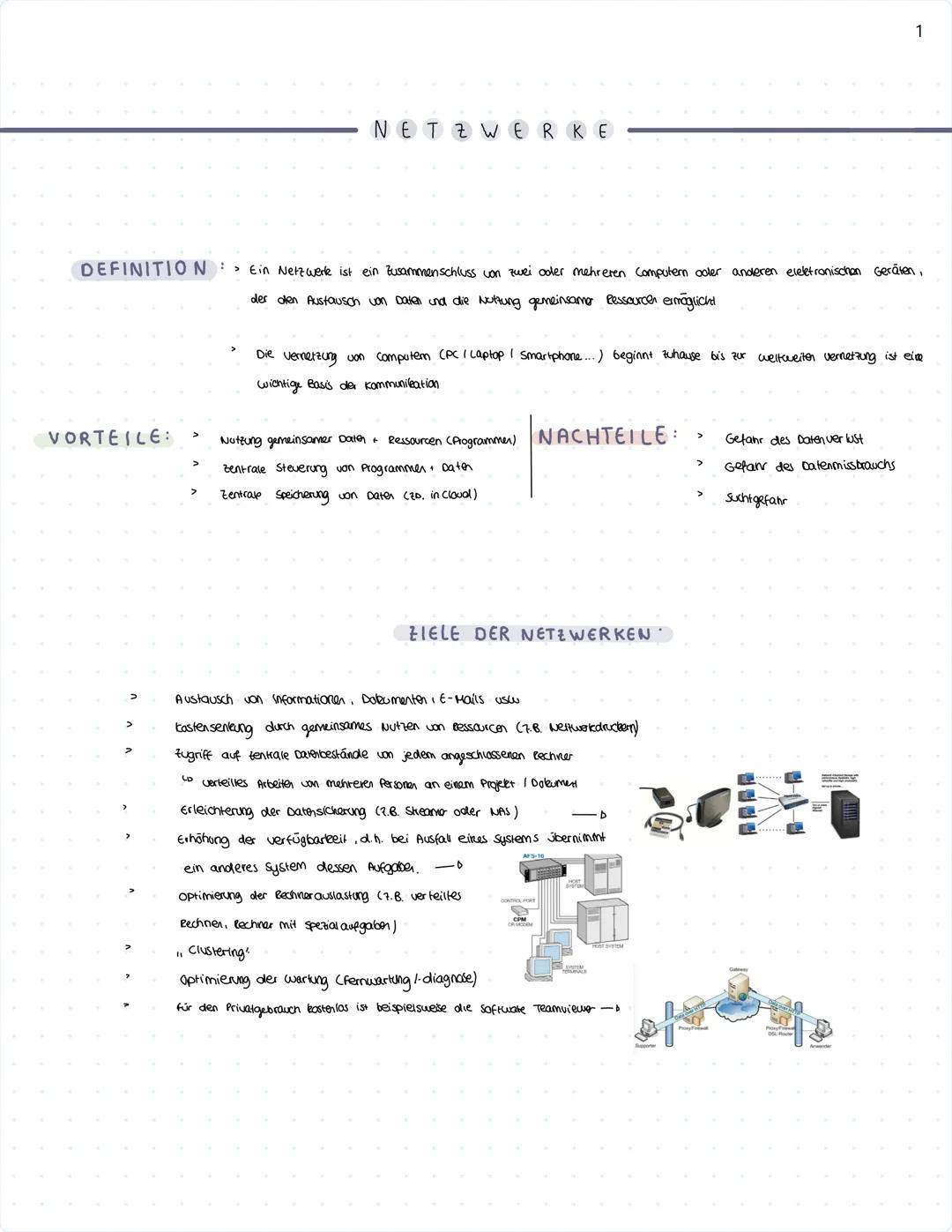 # 1
--- NETZWERKE ---
DEFINITION:
Ein Netzwerk ist ein Zusammenschluss von zwei oder mehreren Computern ooler anderen eleletronischen Gerä