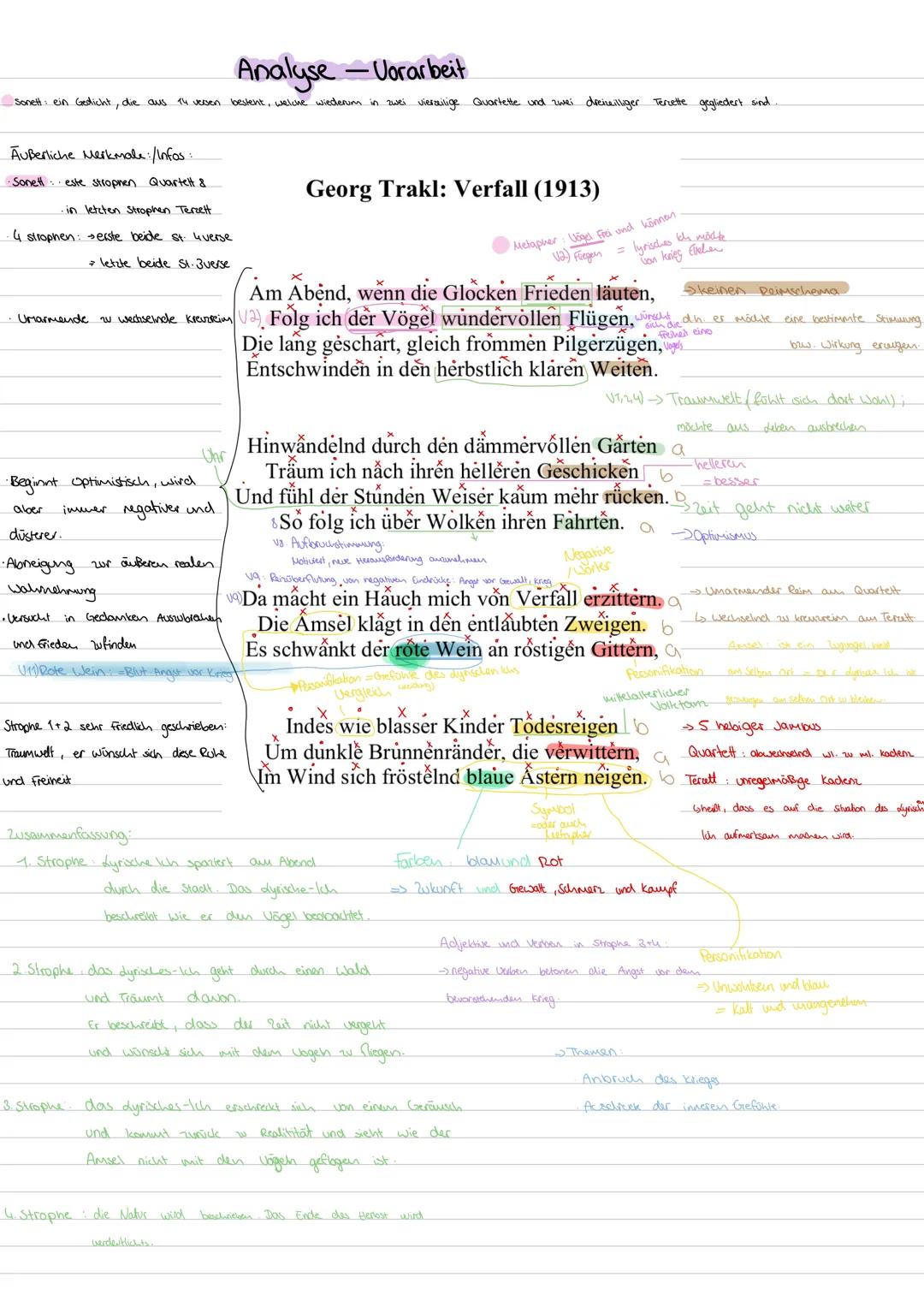 Sonett ein Gedicht, die aus 14 versen.
Analyse - Vorarbeit
bestent, welche wiederum in zwei vierailige Quartette und zwei dreizeilliger Terz