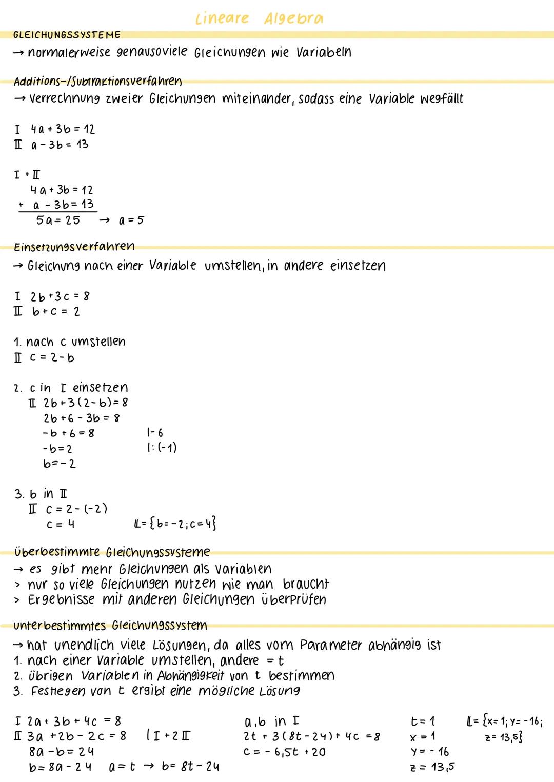 Lineare Algebra
GLEICHUNGSSYSTEME
→ normalerweise genausoviele Gleichungen wie Variabeln
Additions-/Subtraktionsverfahren
- Verrechnung zw