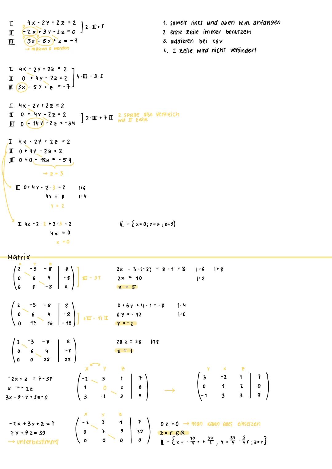 Lineare Algebra
GLEICHUNGSSYSTEME
→ normalerweise genausoviele Gleichungen wie Variabeln
Additions-/Subtraktionsverfahren
- Verrechnung zw