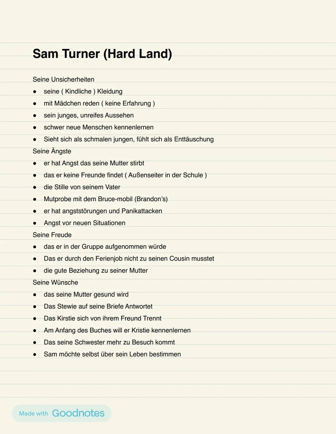 # Sam Turner (Hard Land)
Seine Unsicherheiten
- seine (Kindliche) Kleidung
- mit Mädchen reden (keine Erfahrung)
- sein junges, unreifes A
