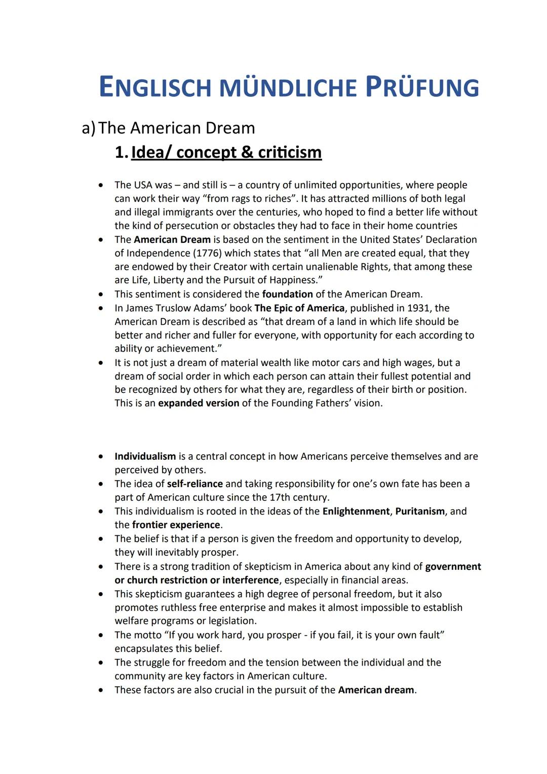 ENGLISCH MÜNDLICHE PRÜFUNG
a) The American Dream
.
•
1. Idea/ concept & criticism
The USA was and still is - a country of unlimited opportun