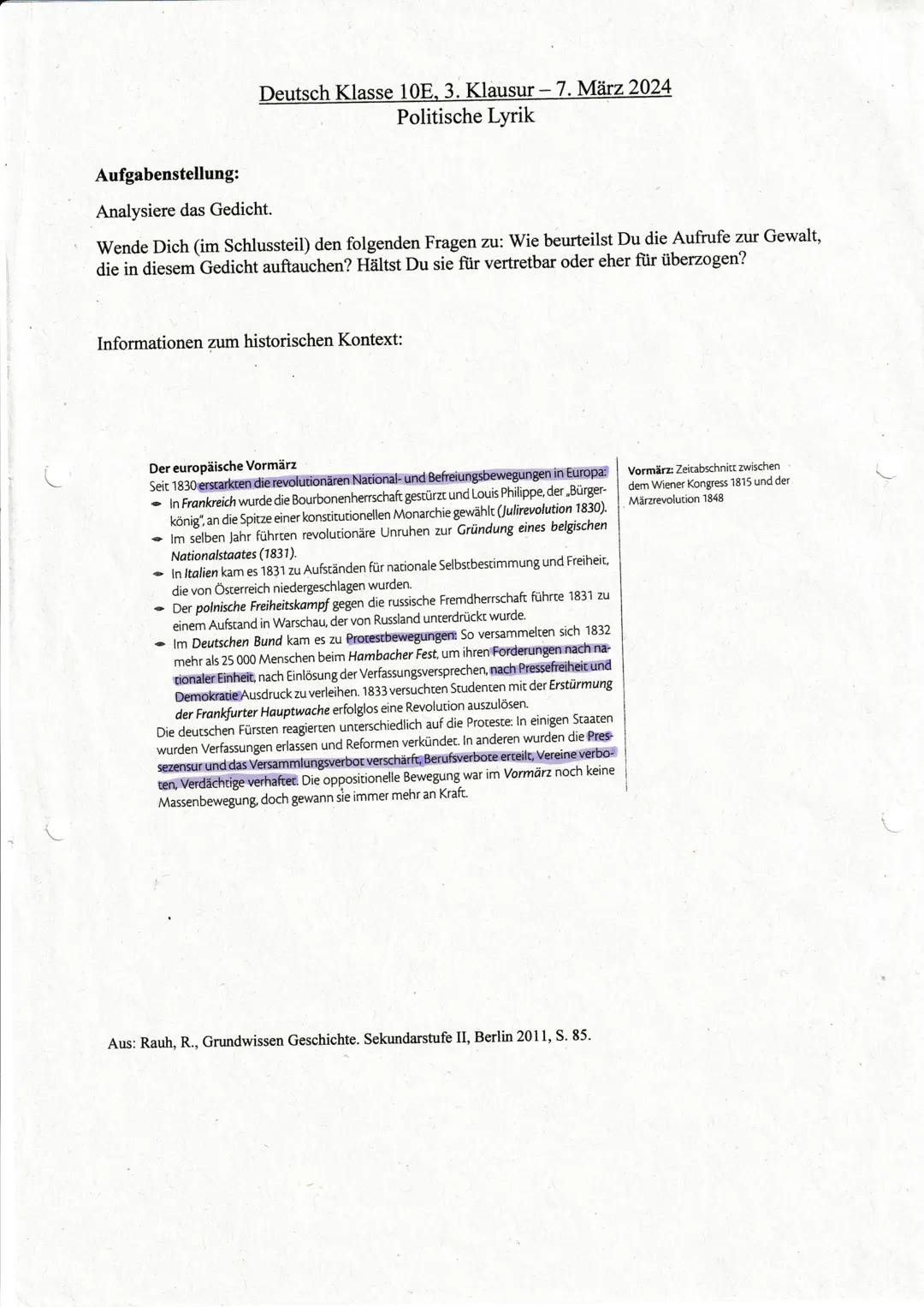# Deutsch Klasse 10E, 3. Klausur - 7. März 2024
## Politische Lyrik
Aufgabenstellung:
Analysiere das Gedicht.
Wende Dich (im Schlussteil)