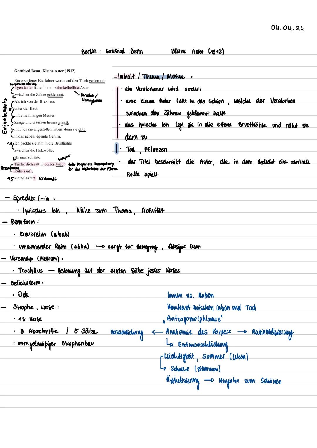 Gottfried Benn: Kleine Aster