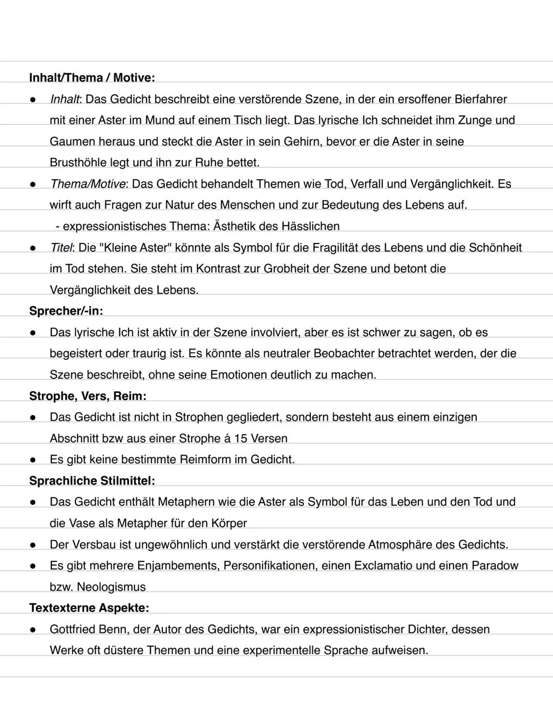 Gottfried Benn: Kleine Aster (1912)
Berlin Gottied Benn
Kleine Aster (1912)
04.04.24
Enjambements
Ein ersoffener Bierfahrer wurde auf den Ti