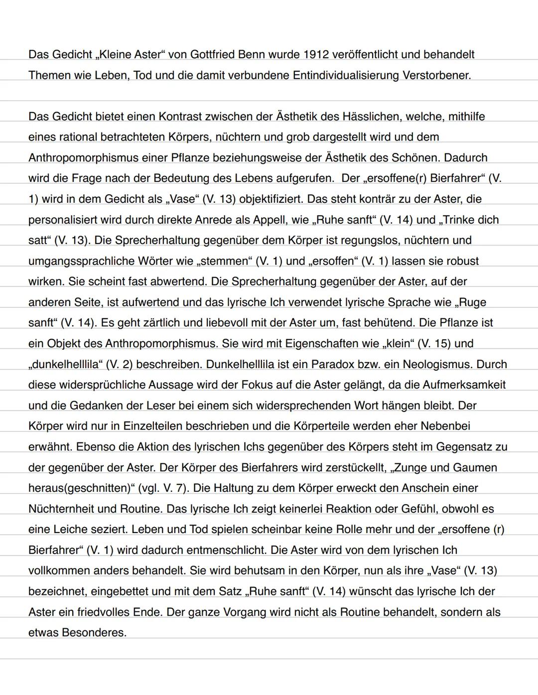 Gottfried Benn: Kleine Aster (1912)
Berlin Gottied Benn
Kleine Aster (1912)
04.04.24
Enjambements
Ein ersoffener Bierfahrer wurde auf den Ti
