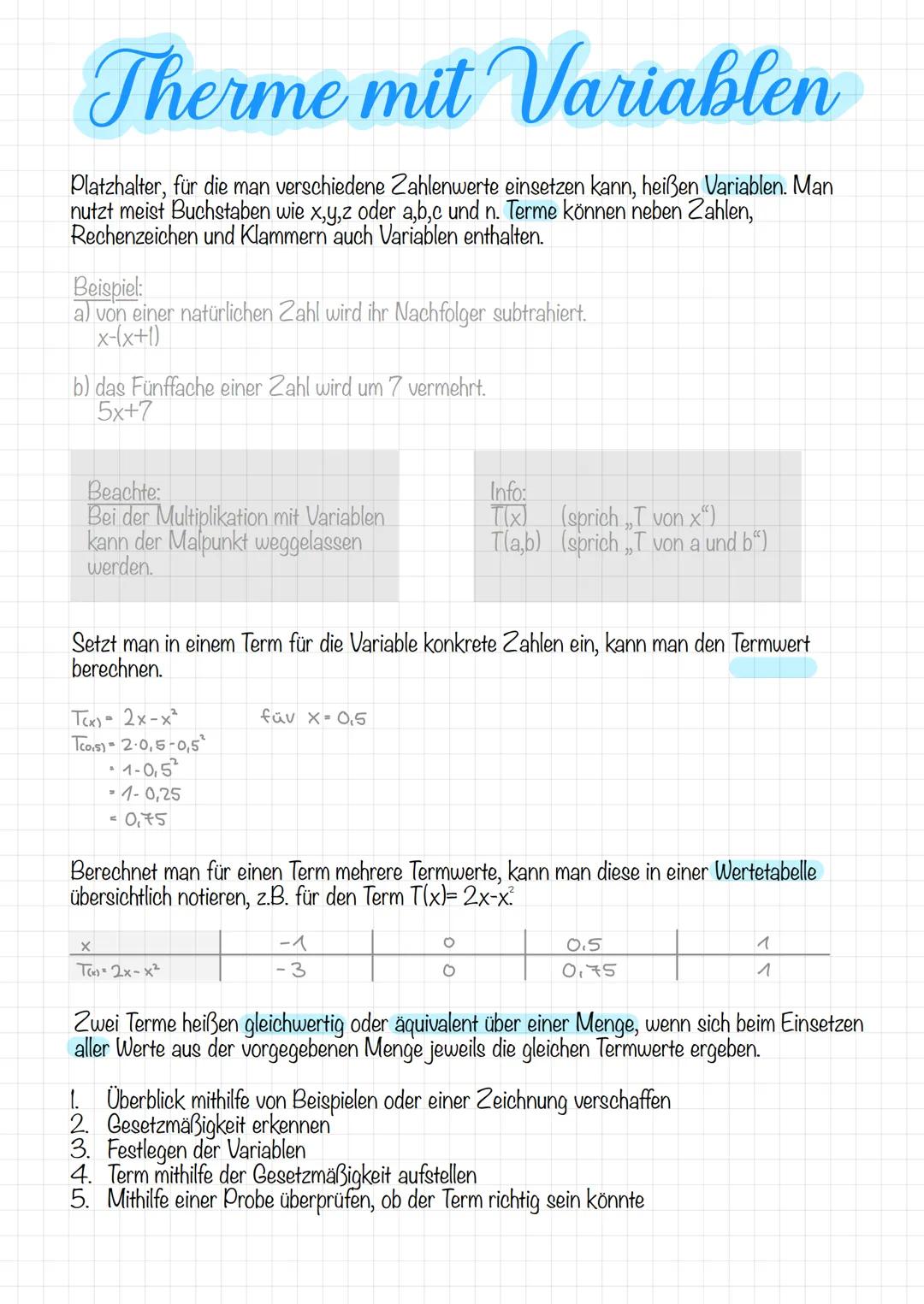 Therme mit Variablen
Platzhalter, für die man verschiedene Zahlenwerte einsetzen kann, heißen Variablen. Man
nutzt meist Buchstaben wie x,y,