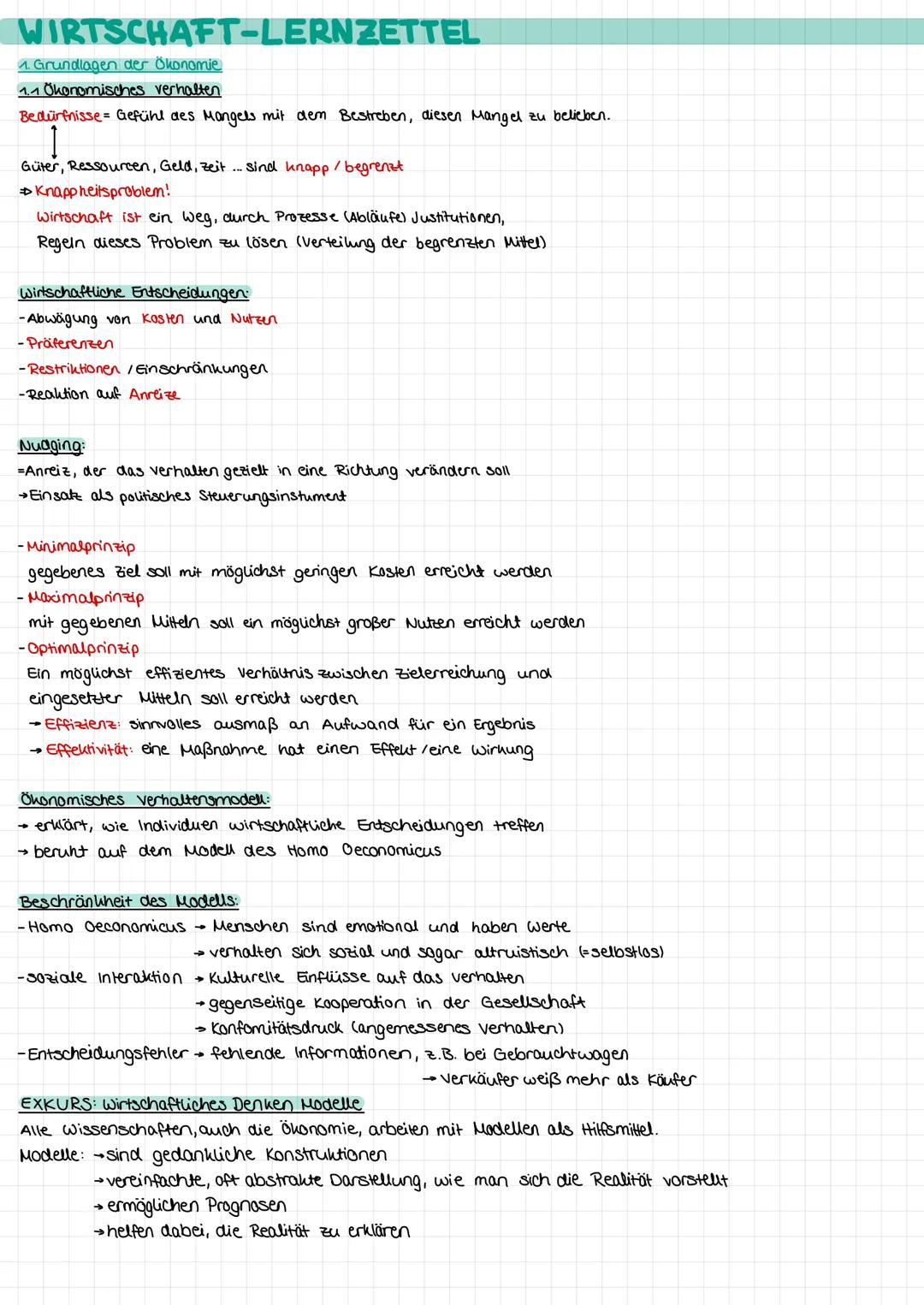 WIRTSCHAFT-LERNZETTEL
1. Grundlagen der Ökonomie
1.1 Ökonomisches verhalten
Bedürfnisse Gefühl des Mangels mit dem Bestreben, diesen Mangel