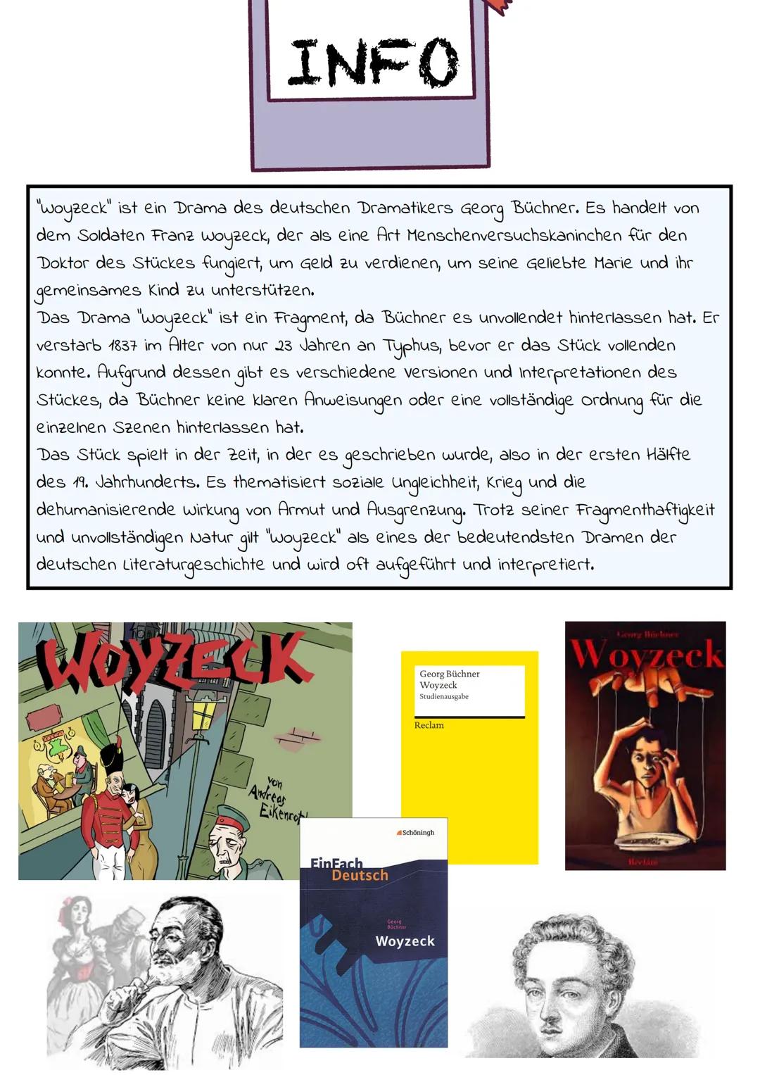 WOYZECK
ZUSAMMENFASSUNG # FIGUREN
1. Woyzeck
2. Marie
3. Hauptmann
4. Doktor
5. Tamboumajour
6. Unteroffizier
7. Andres
8. Margret
9. Buden