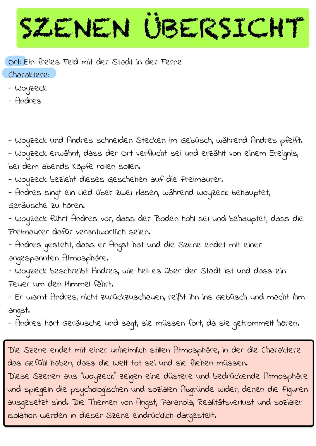 WOYZECK
ZUSAMMENFASSUNG # FIGUREN
1. Woyzeck
2. Marie
3. Hauptmann
4. Doktor
5. Tamboumajour
6. Unteroffizier
7. Andres
8. Margret
9. Buden