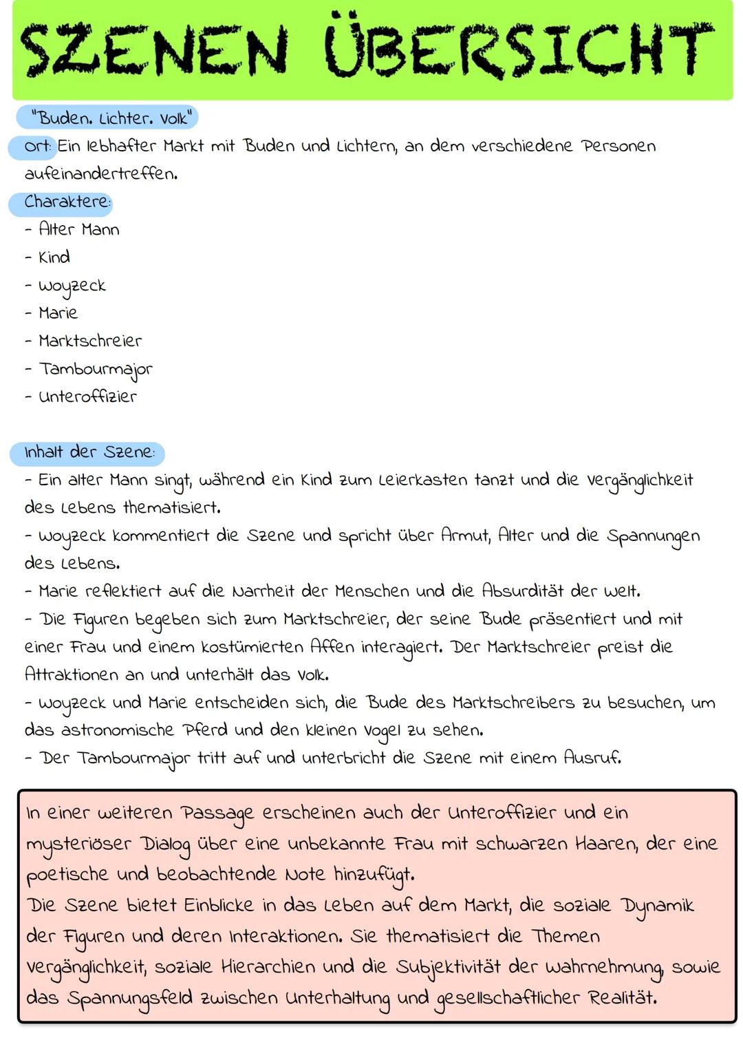 WOYZECK
ZUSAMMENFASSUNG # FIGUREN
1. Woyzeck
2. Marie
3. Hauptmann
4. Doktor
5. Tamboumajour
6. Unteroffizier
7. Andres
8. Margret
9. Buden