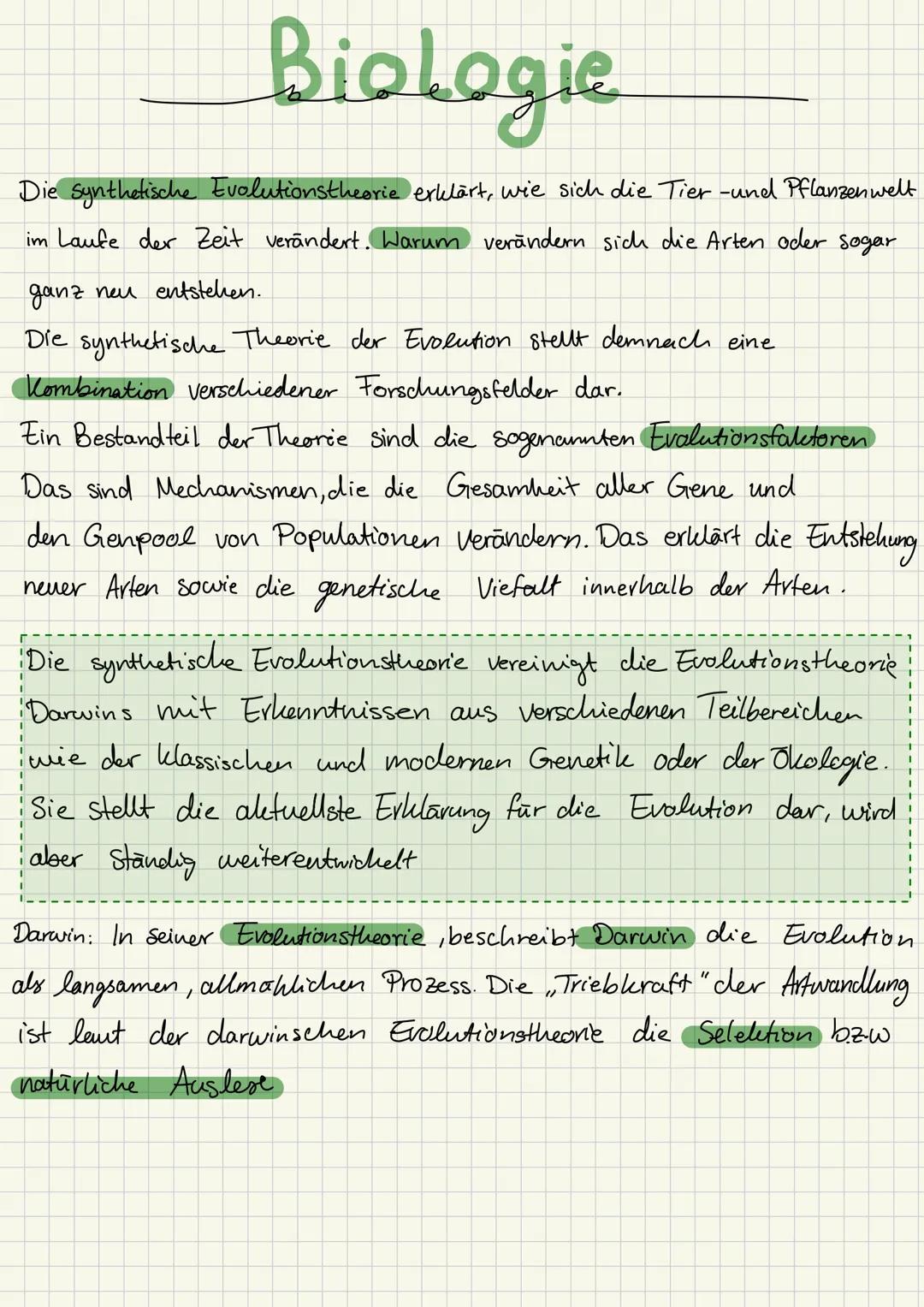 # Biologie
Die Synthetische Evolutionstheorie erklärt, wie sich die Tier-und Pflanzenwelt
im Laufe der Zeit verändert. Warum verändern sich
