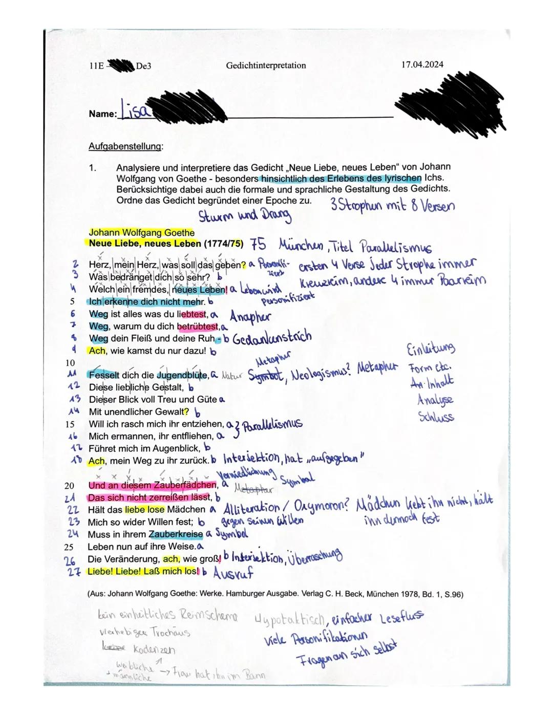 # 11E
# De3
# Gedichtinterpretation
17.04.2024
Name: Lisa
Aufgabenstellung:
1. Analysiere und interpretiere das Gedicht „Neue Liebe, n