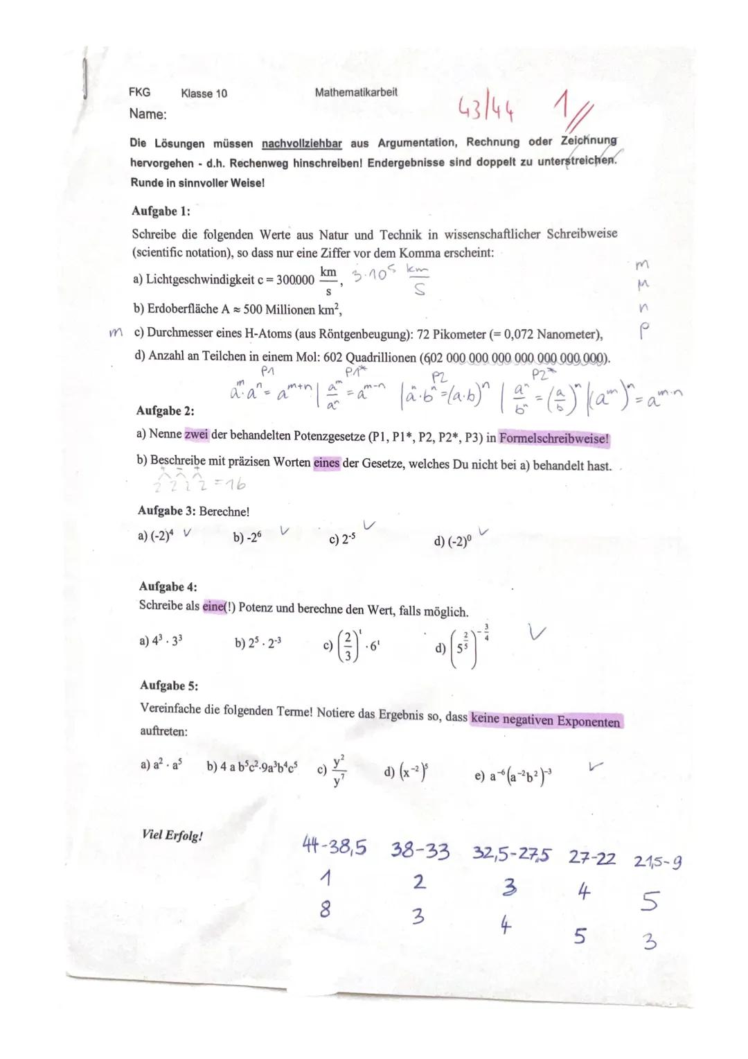 Klausur/Klassenarbeit Mathe 10 ~ Potenzen