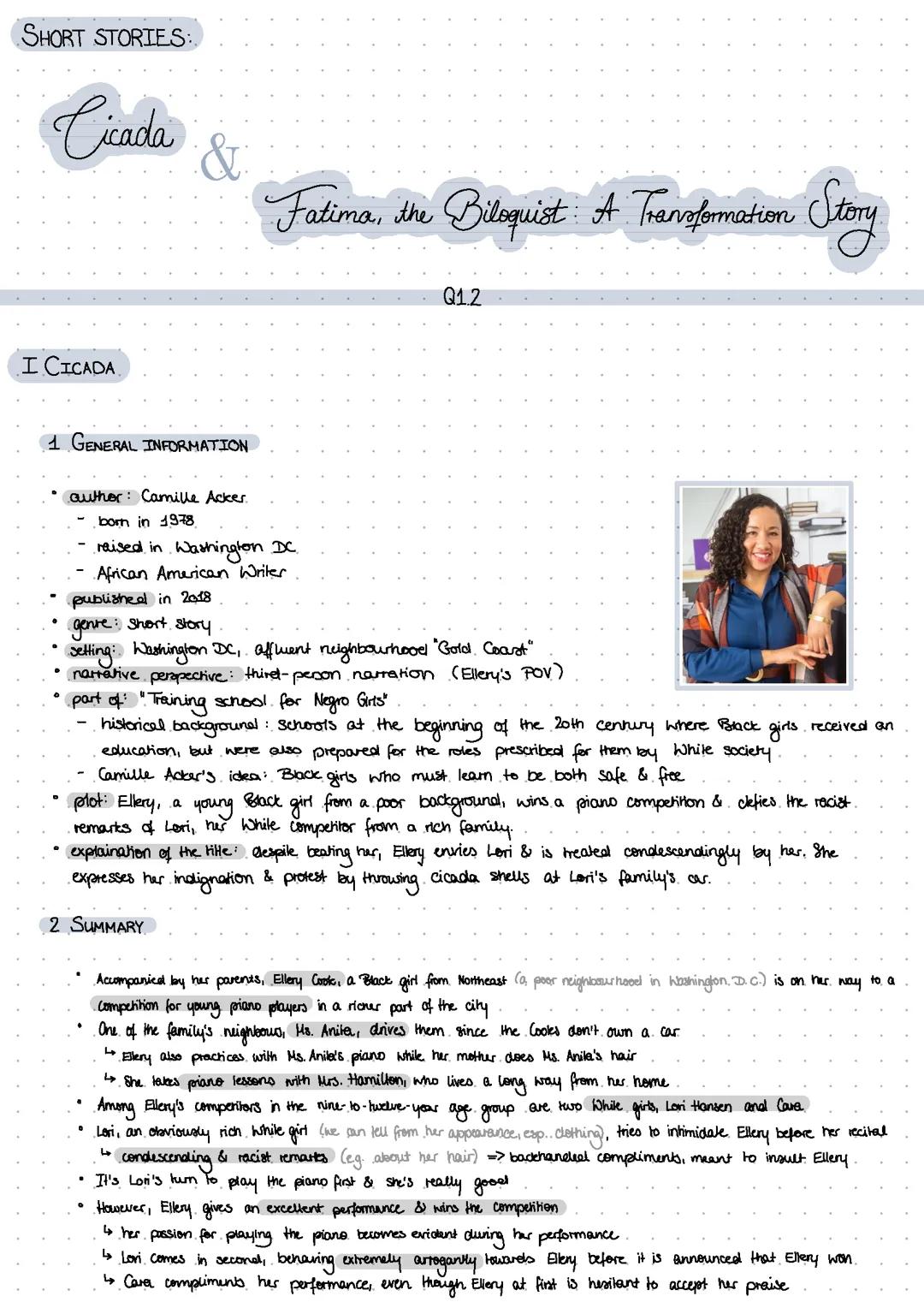 Short Stories: „Cicada“ & „Fatima, the Biloquist“ - Englisch GK Lernzettel Abitur 2024 Niedersachsen