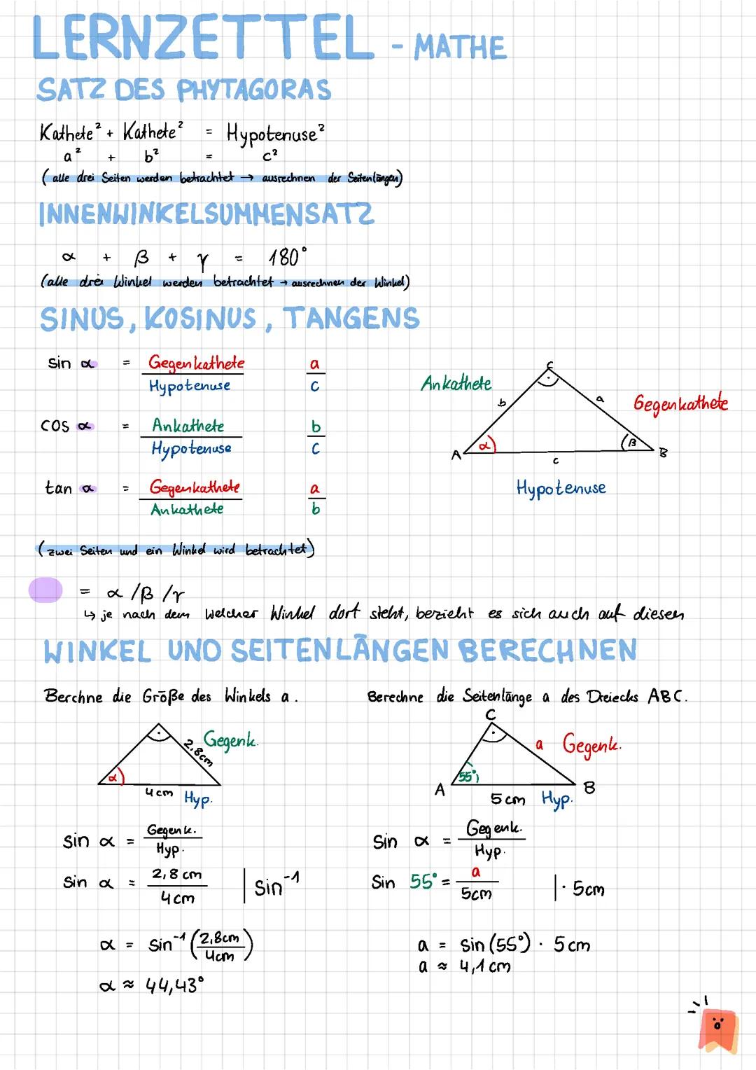 Mathe | Lernzettel - Satz des Phytagoras, Sinus, Kosinus, Tangens