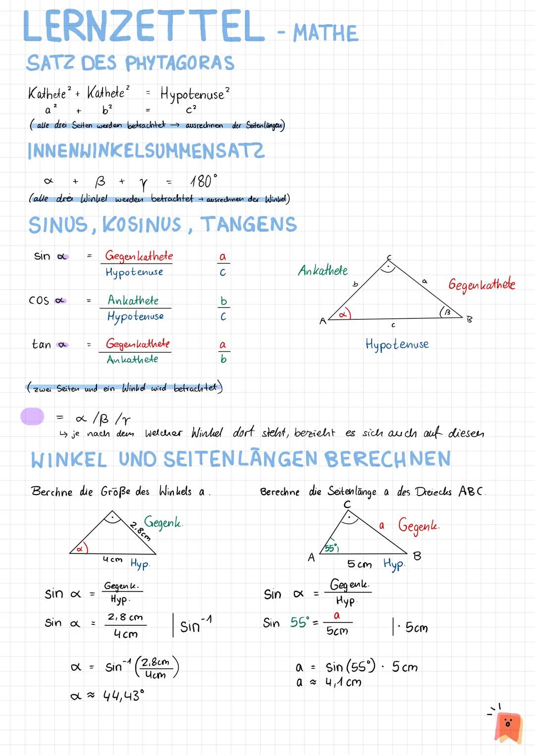 LERNZETTEL
SATZ DES PHYTAGORAS
Kathete+Kathete
a²
=
Hypotenuse
b²
=
C²
(alle drei Seiten werden betrachtet ausrechnen der Seitenlängen)
INNE