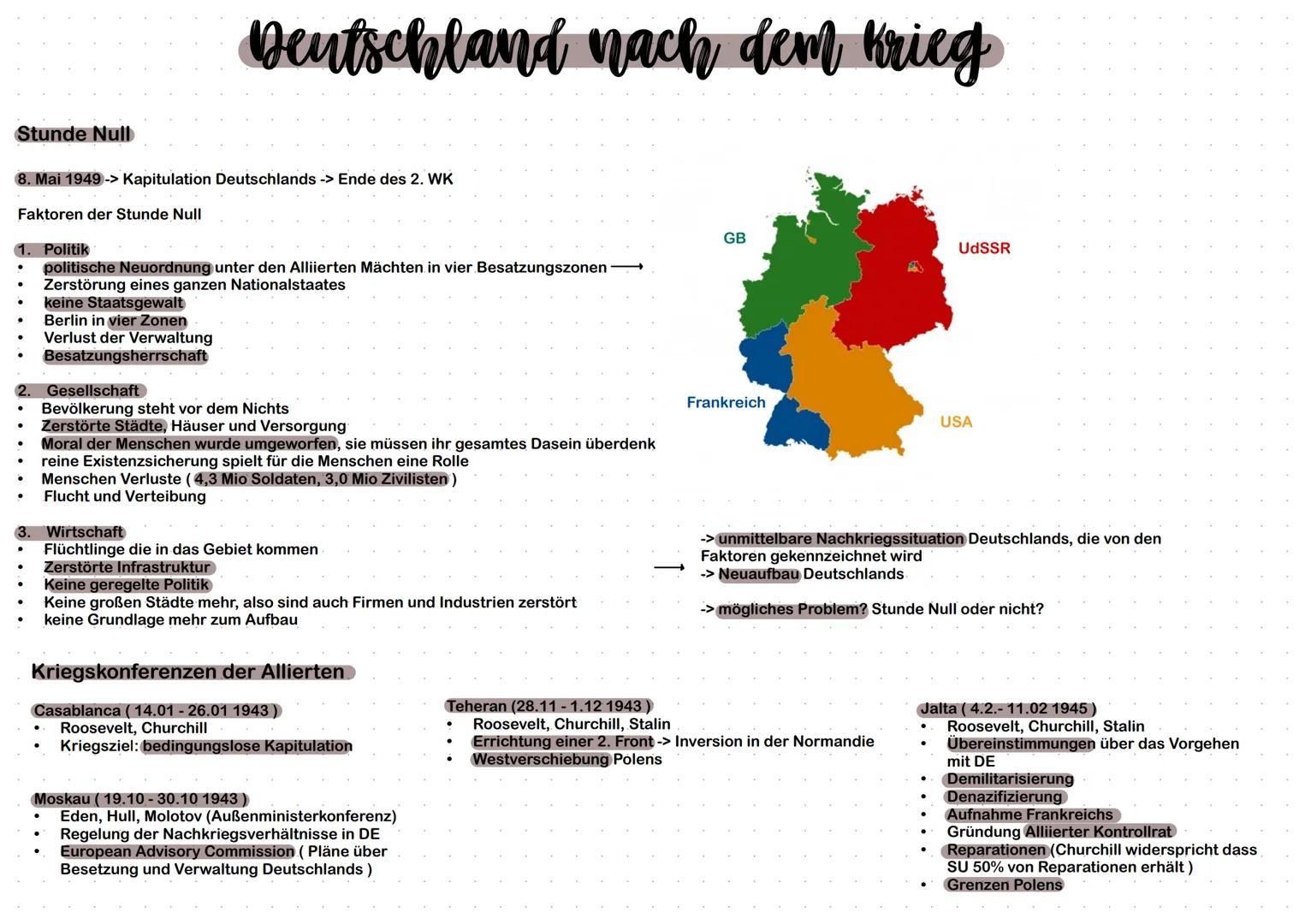 Deutschland nach dem Krieg
Stunde Null
8. Mai 1949 -> Kapitulation Deutschlands -> Ende des 2. WK
Faktoren der Stunde Null
1. Politik
politi