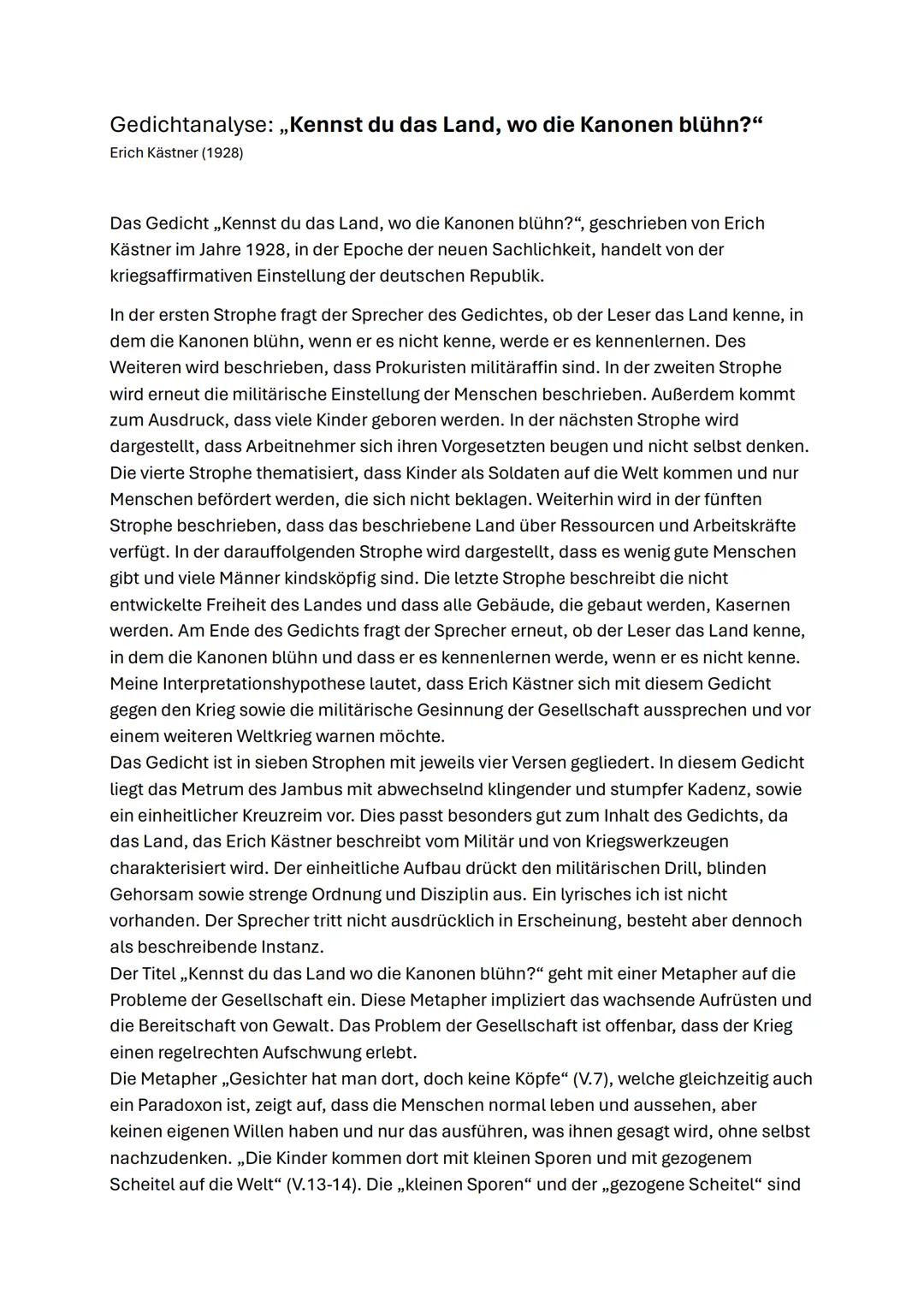 Gedichtanalyse: „,Kennst du das Land, wo die Kanonen blühn?"
Erich Kästner (1928)
Das Gedicht,,Kennst du das Land, wo die Kanonen blühn?", g