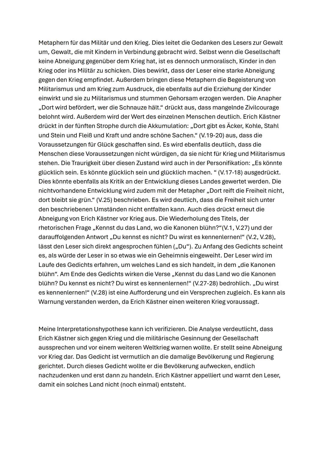 Gedichtanalyse: „,Kennst du das Land, wo die Kanonen blühn?"
Erich Kästner (1928)
Das Gedicht,,Kennst du das Land, wo die Kanonen blühn?", g