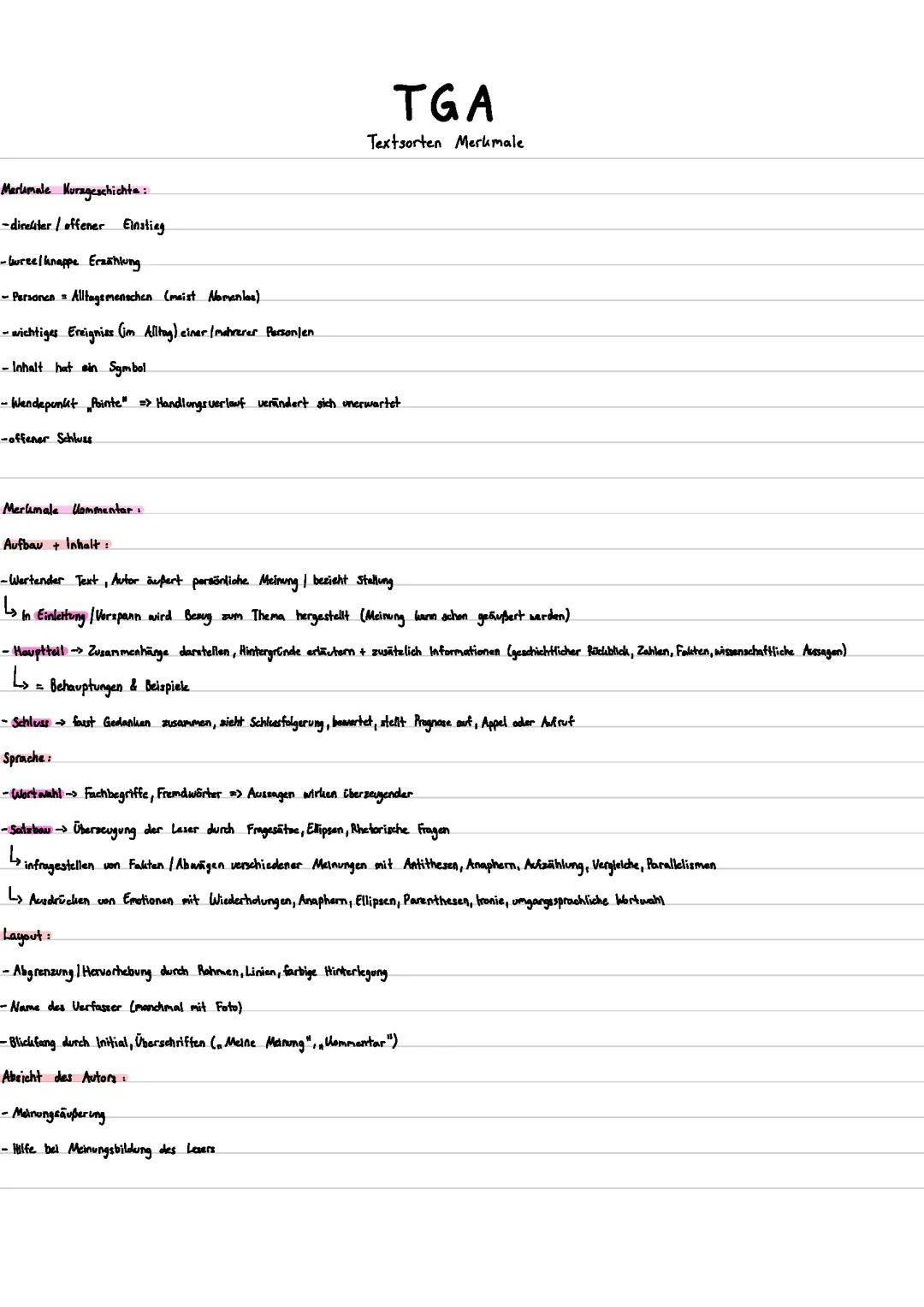 Deutsch TGA Textsorten Merkmale 10te Klasse RS (Kurzgeschichte,Kommentar,Reportage,Glosse,Satire)