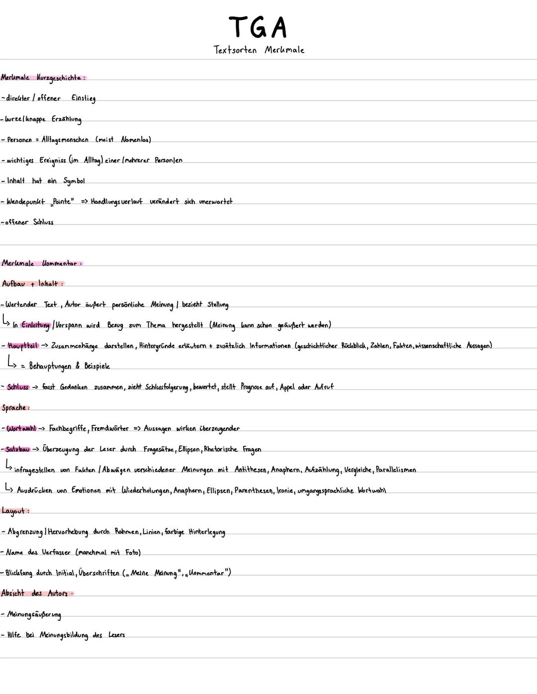 TGA
Textsorten Merkmale
Merkmale Kurzgeschichte:
-direkter/offener Einstieg.
-lurzelknappe Erzählung
-Personen = Alltagsmenschen (meist Name