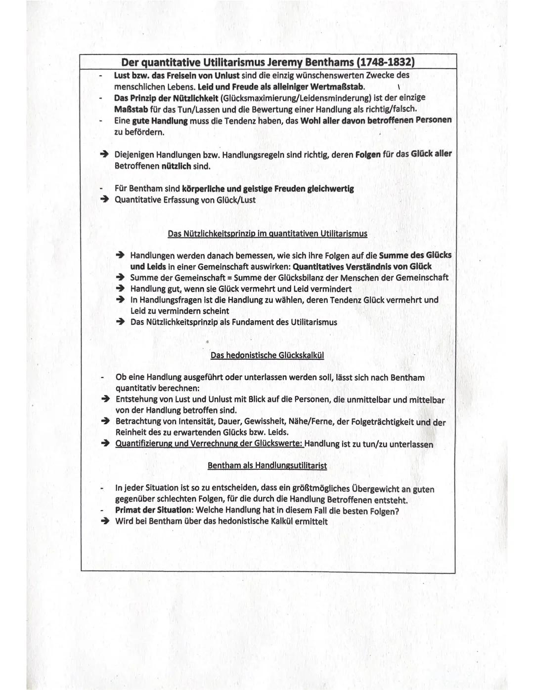 # Der quantitative Utilitarismus Jeremy Benthams (1748-1832)
- Lust bzw. das Freisein von Unlust sind die einzig wünschenswerten Zwecke des