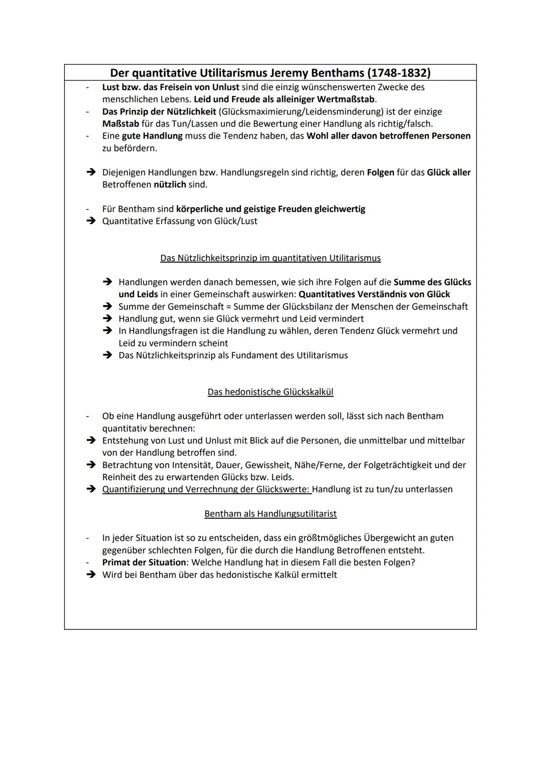# Der quantitative Utilitarismus Jeremy Benthams (1748-1832)
- Lust bzw. das Freisein von Unlust sind die einzig wünschenswerten Zwecke des