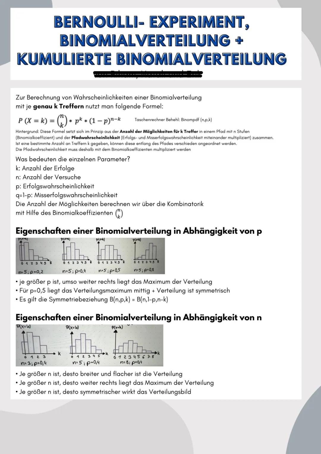 # BERNOULLI- EXPERIMENT,
# BINOMIALVERTEILUNG +
# KUMULIERTE BINOMIALVERTEILUNG
## Bernoulli-Experiment
Das Bernoulli-Experiment ist ein Wa