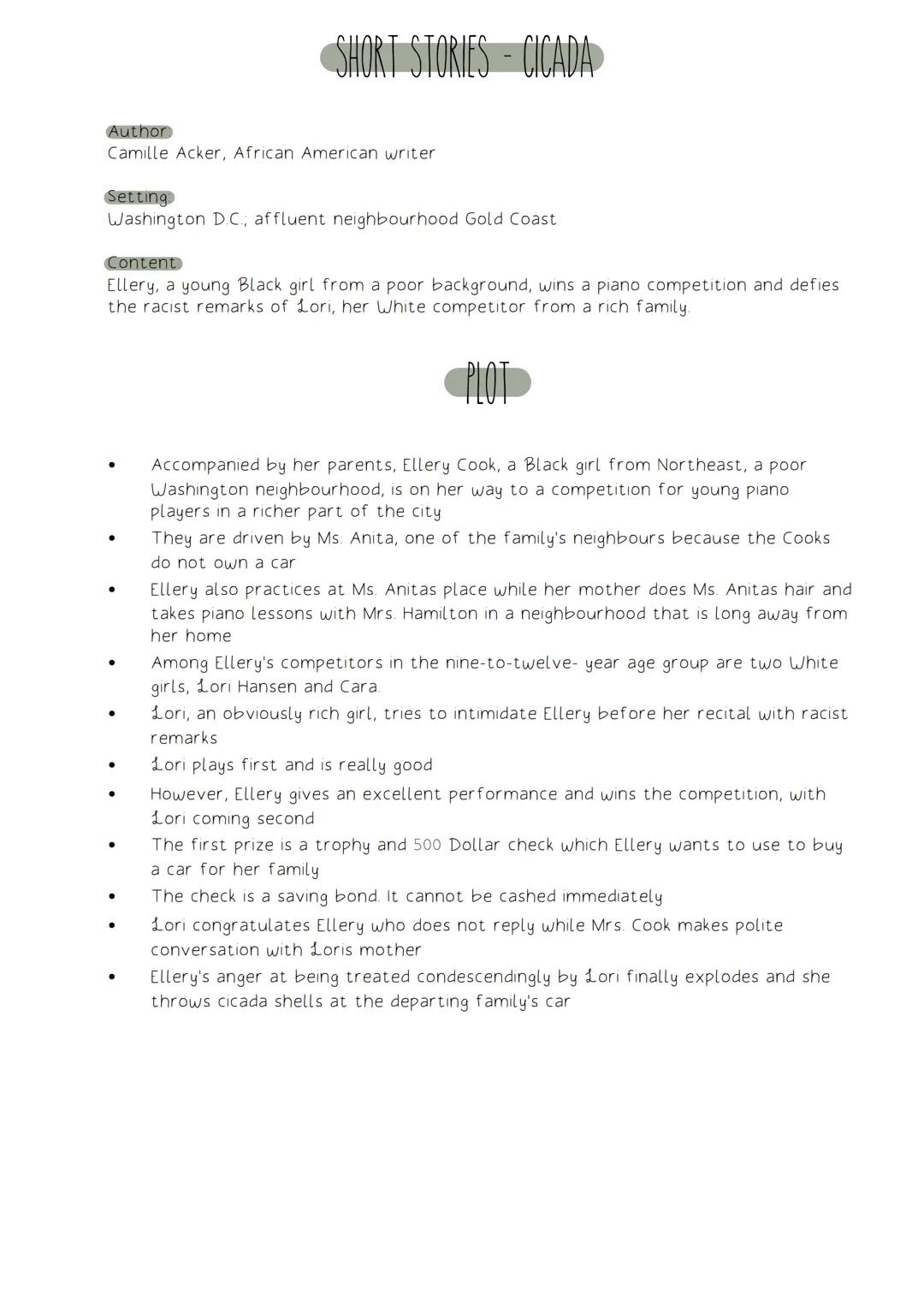 # SHORT STORIES - CICADA
Author
Camille Acker, African American writer
Setting
Washington DC., affluent neighbourhood Gold Coast
Content