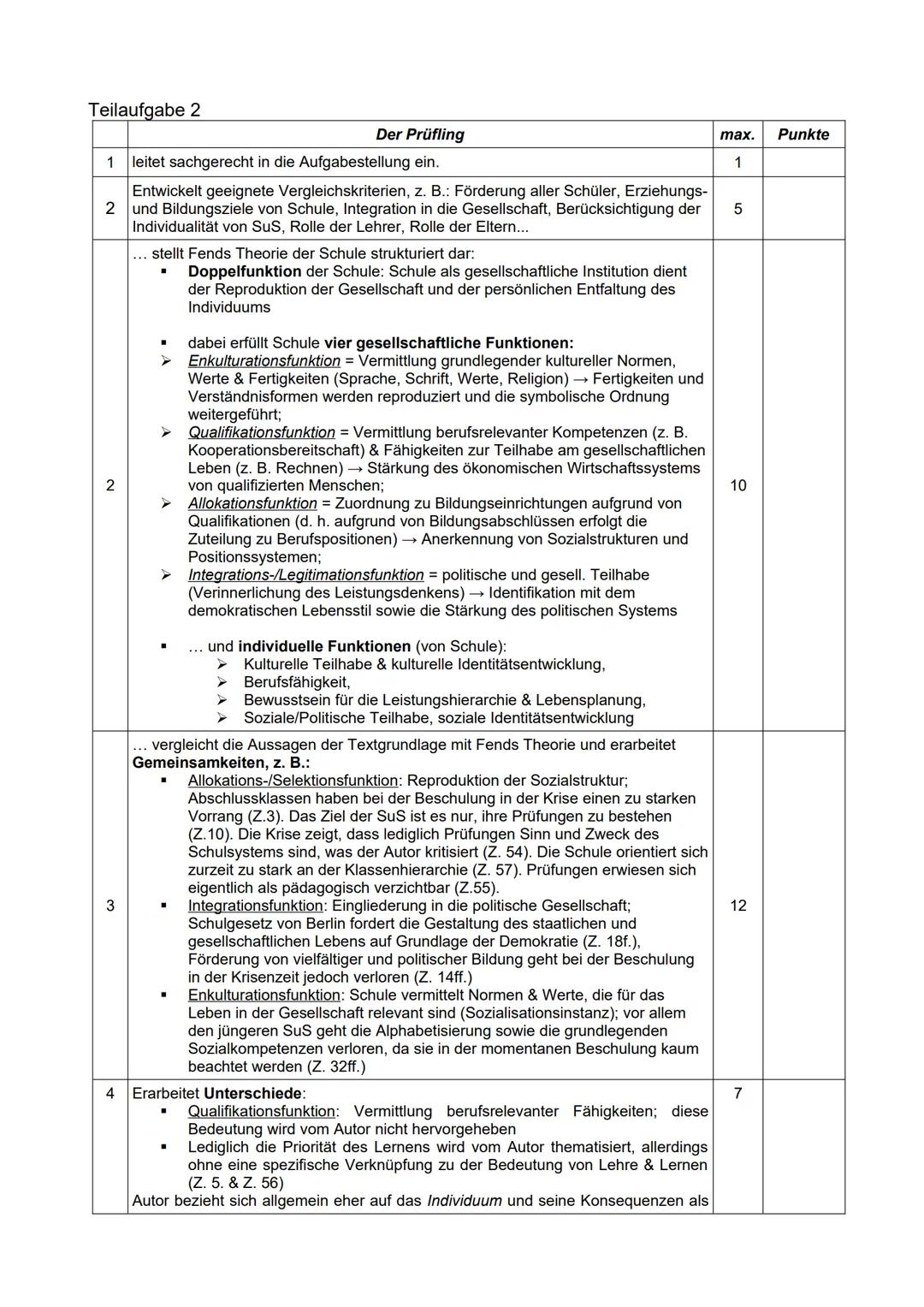 Thema: Institutionalisierung von Erziehung - Die Funktionen von Schule nach Fend
Aufgabenstellung:
1. Formulieren Sie den Hauptgedanken des