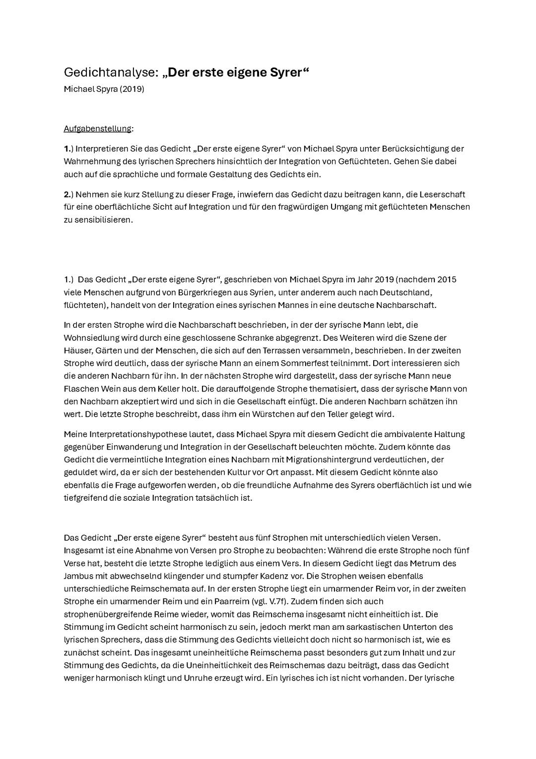 Politische Lyrik, Gedichtanalyse: „Der erste eigene Syrer“ (Michael Spyra) Deutsch-ZK-Übung