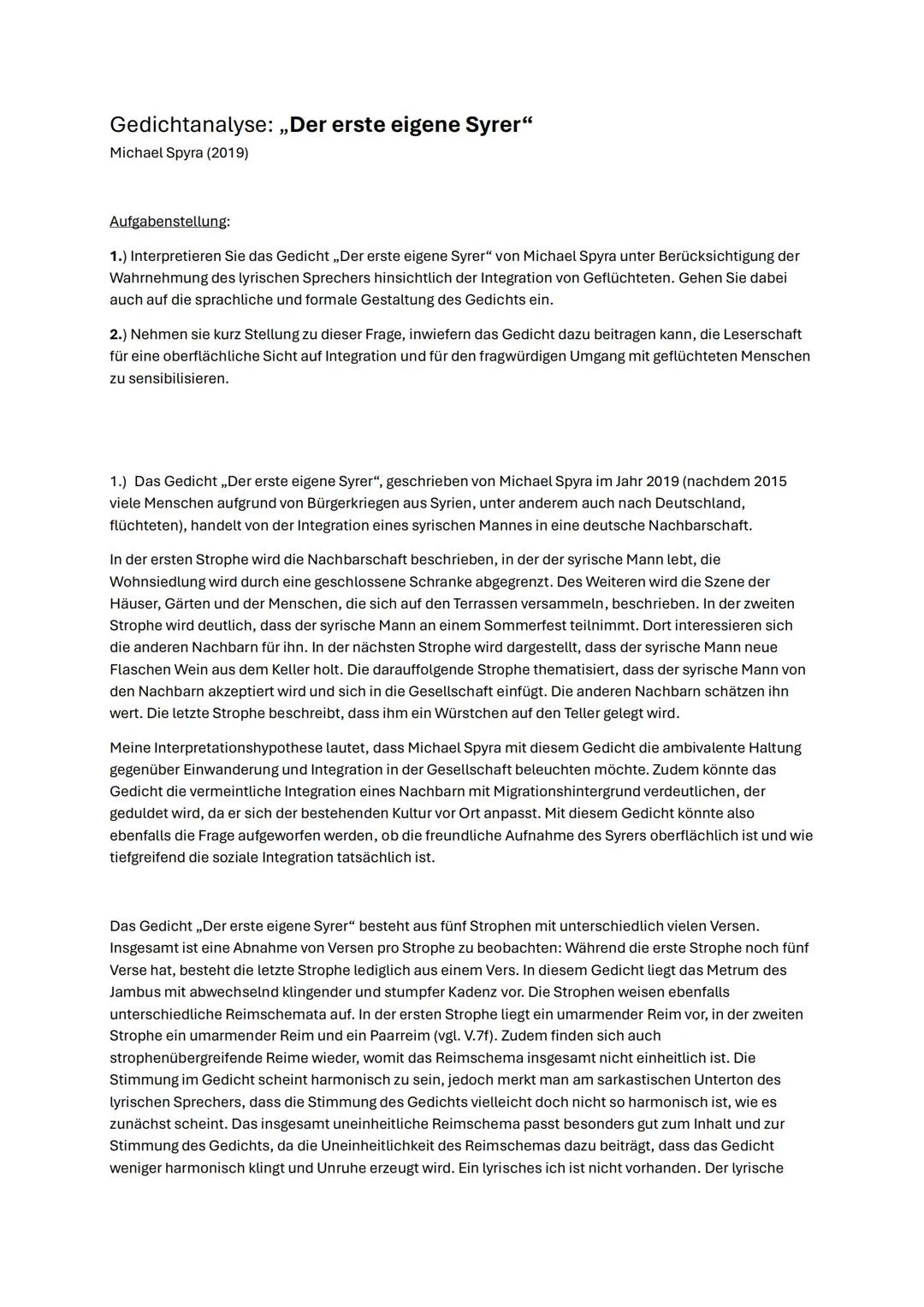 Gedichtanalyse: „Der erste eigene Syrer"
Michael Spyra (2019)
Aufgabenstellung:
1.) Interpretieren Sie das Gedicht „Der erste eigene Syrer"