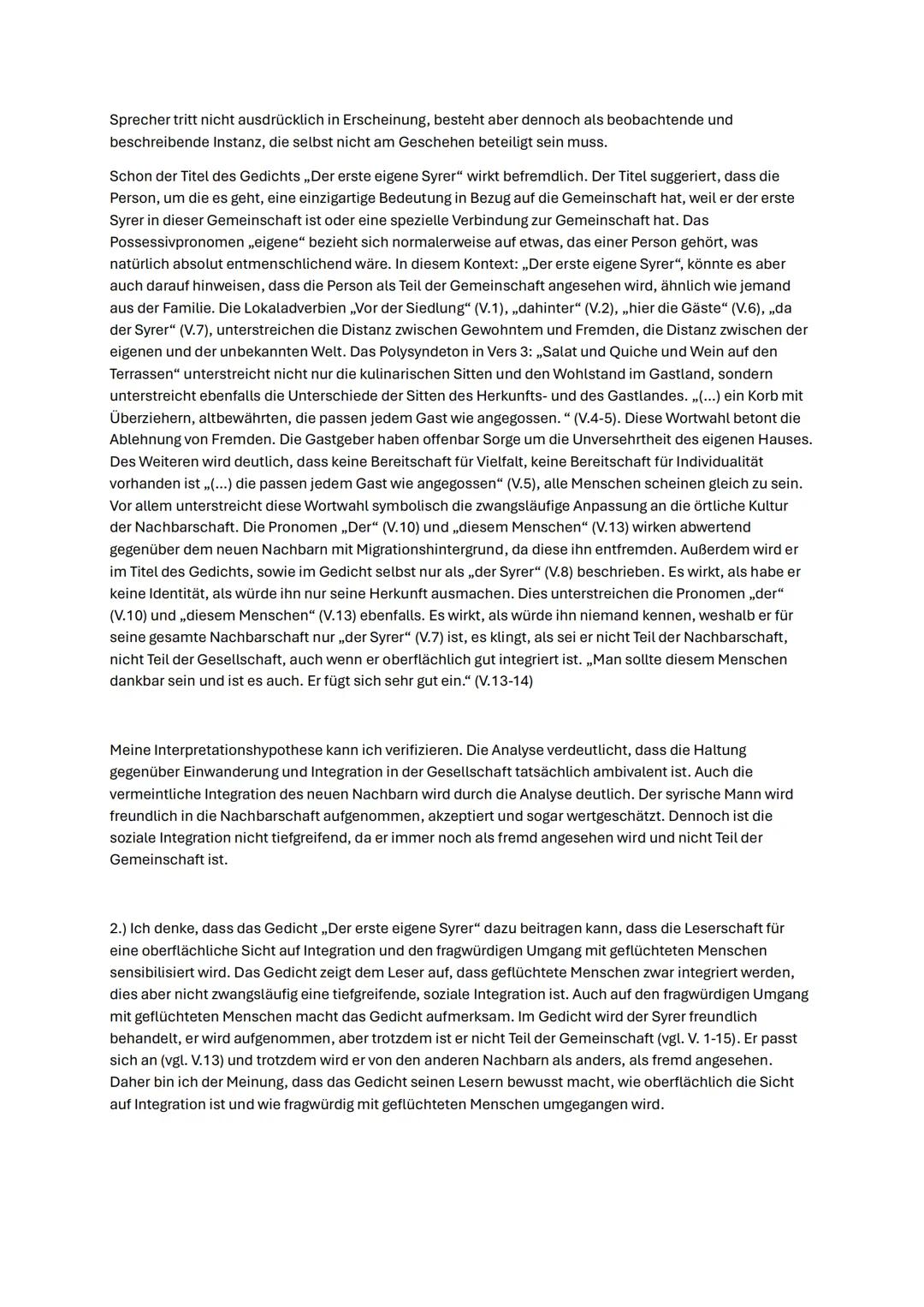 Gedichtanalyse: „Der erste eigene Syrer"
Michael Spyra (2019)
Aufgabenstellung:
1.) Interpretieren Sie das Gedicht „Der erste eigene Syrer"