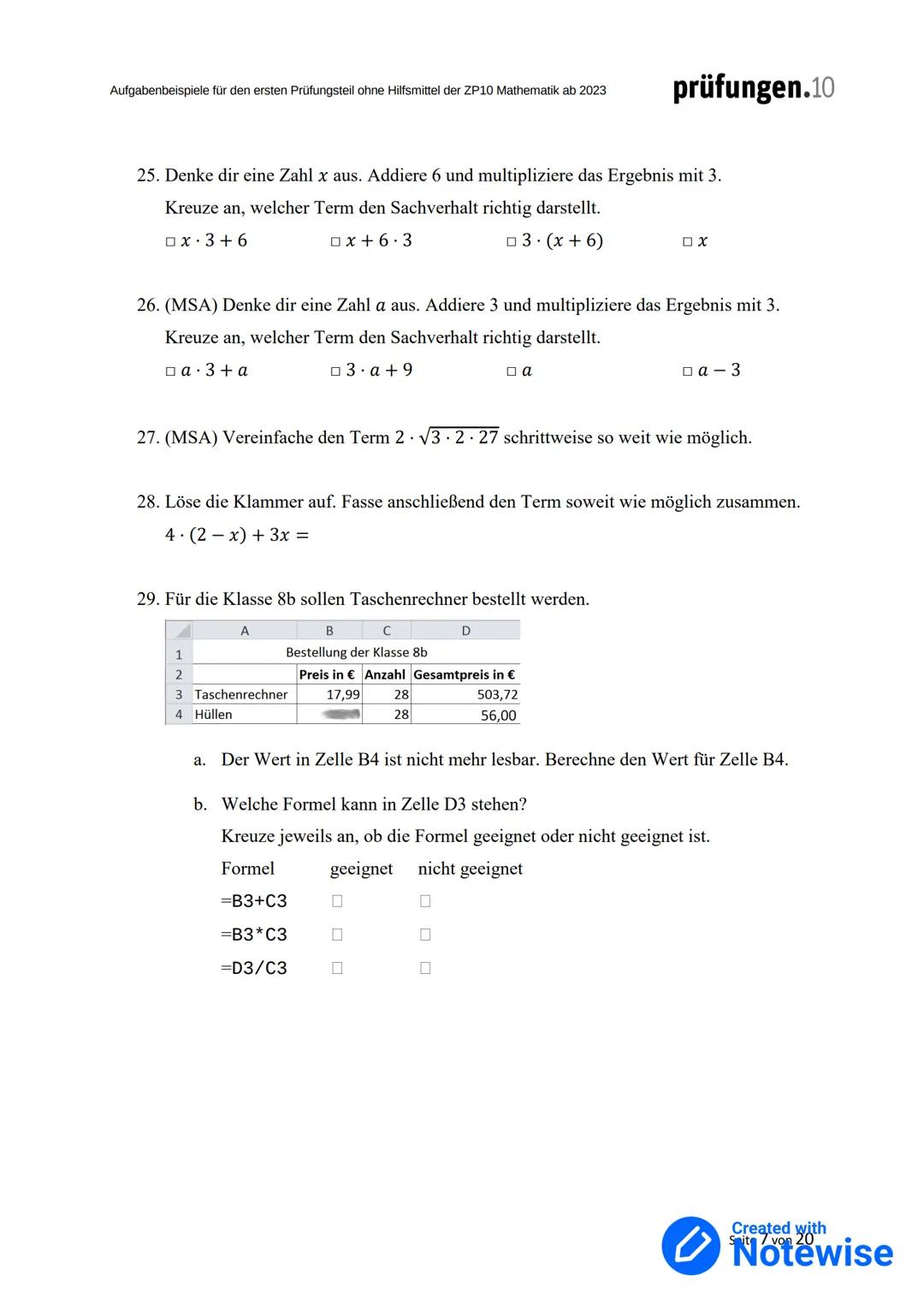Aufgabenbeispiele
für den ersten Prüfungsteil ohne
Hilfsmittel der ZP10 Mathematik
ab 2023
Herausgegeben von der
Qualitäts- und Unterstützun